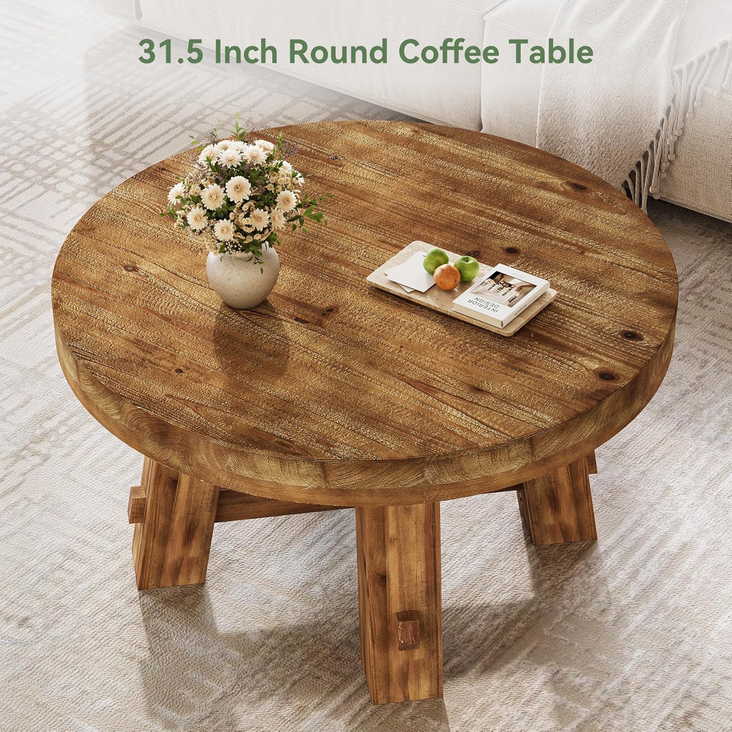 31.5-Inch Round Coffee Table, Solid Wood Center Table with Thickened Tabletop for Living Room, Apartment, Small Space (Rustic Brown)