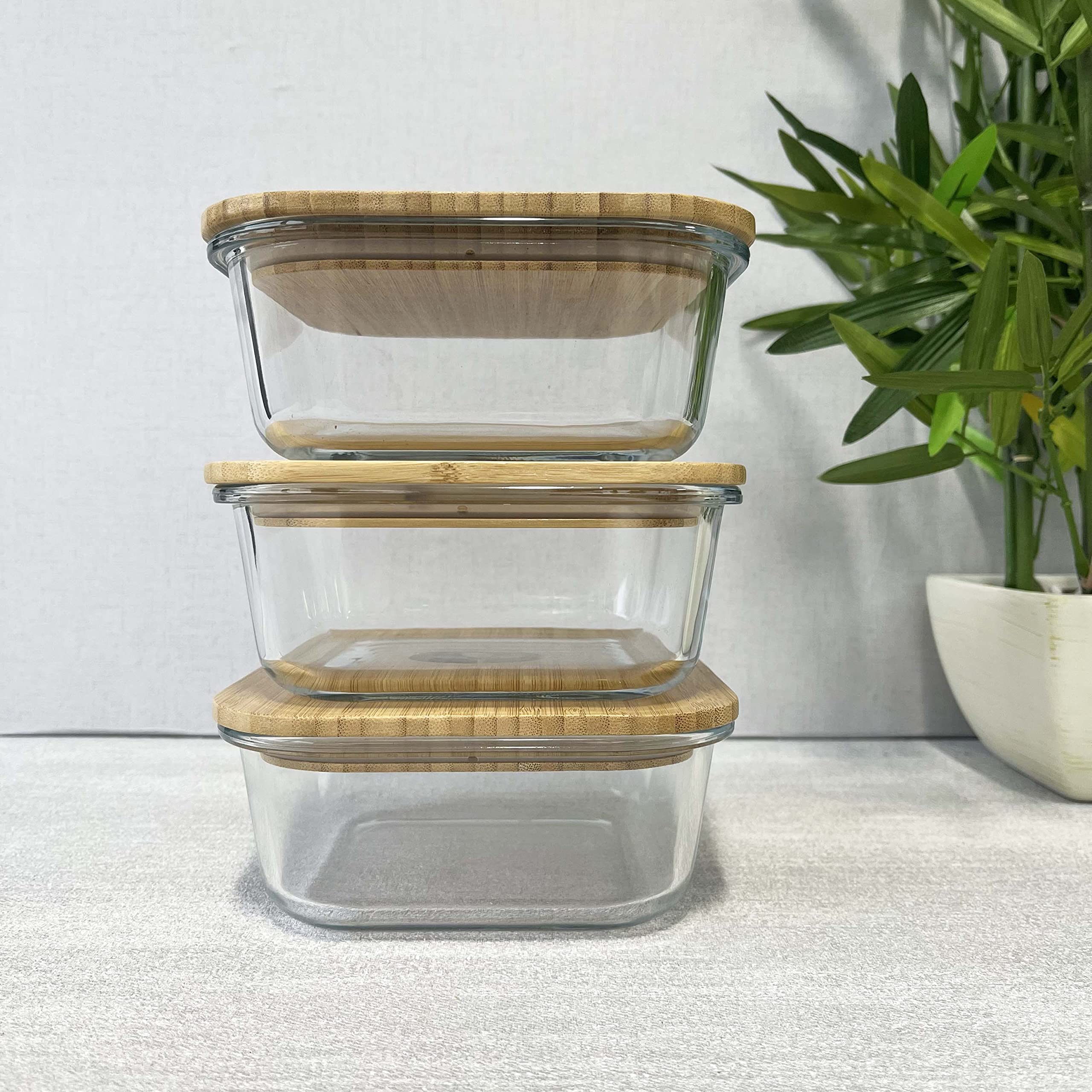 Set di 3 contenitori per alimenti quadrati in vetro con coperchio