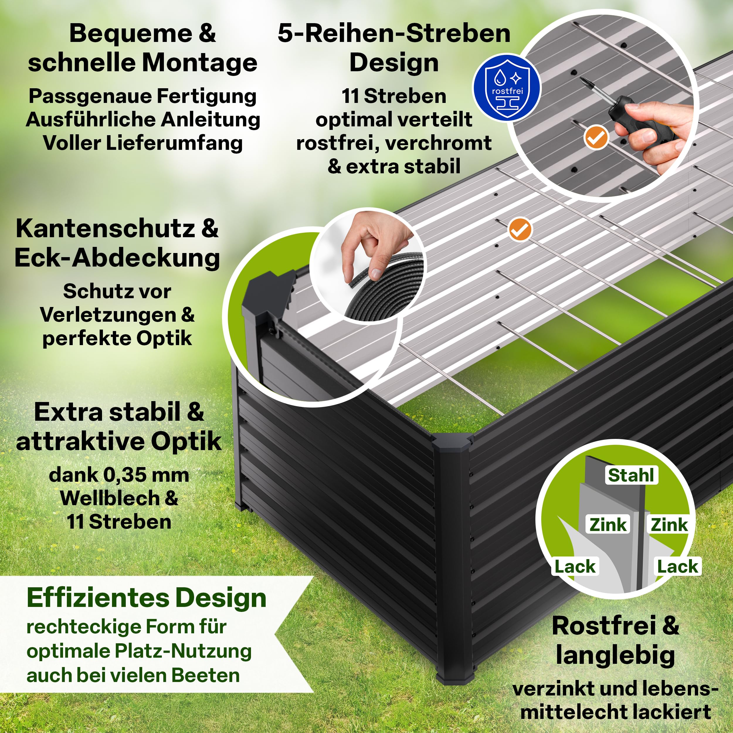 TTL GARDEN 250x90x80cm Meadow XL HIGH Metall Hochbeet Anthrazit Stahl Blech | - rostfrei verzinkt & grau lackiert rechteckige Form sehr stabil Garten Beet für Gemüse Kräuter Blumen Garten Gemüsebeet