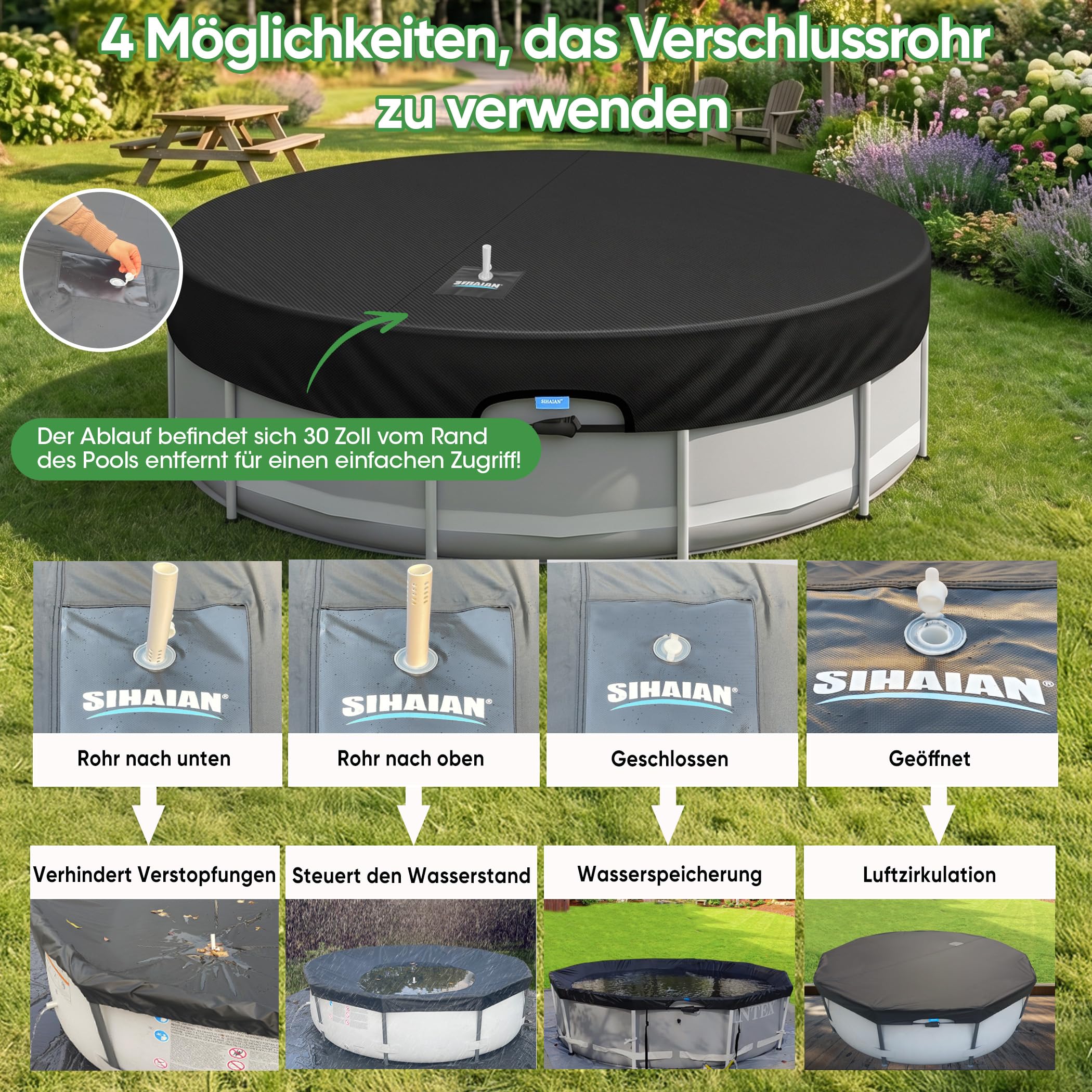 SIHAIAN Rundpoolabdeckung 305cm, Solar Poolabdeckung mit automatischem Abfluss für Aufstellpools, UV-Beständig, patentiertes einteiliges Spannsystem, verhindert Wasseransammlungen