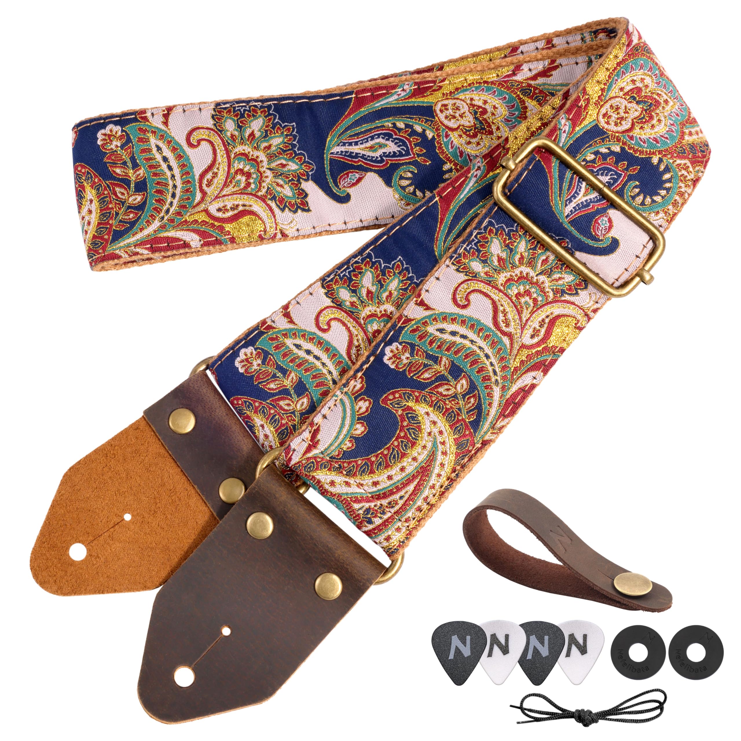 Nefelibata Guitar Strap,Crazy Horse Leather Jacquard Embroidery Cotton Guitar Straps for Bass Electric & Acoustic