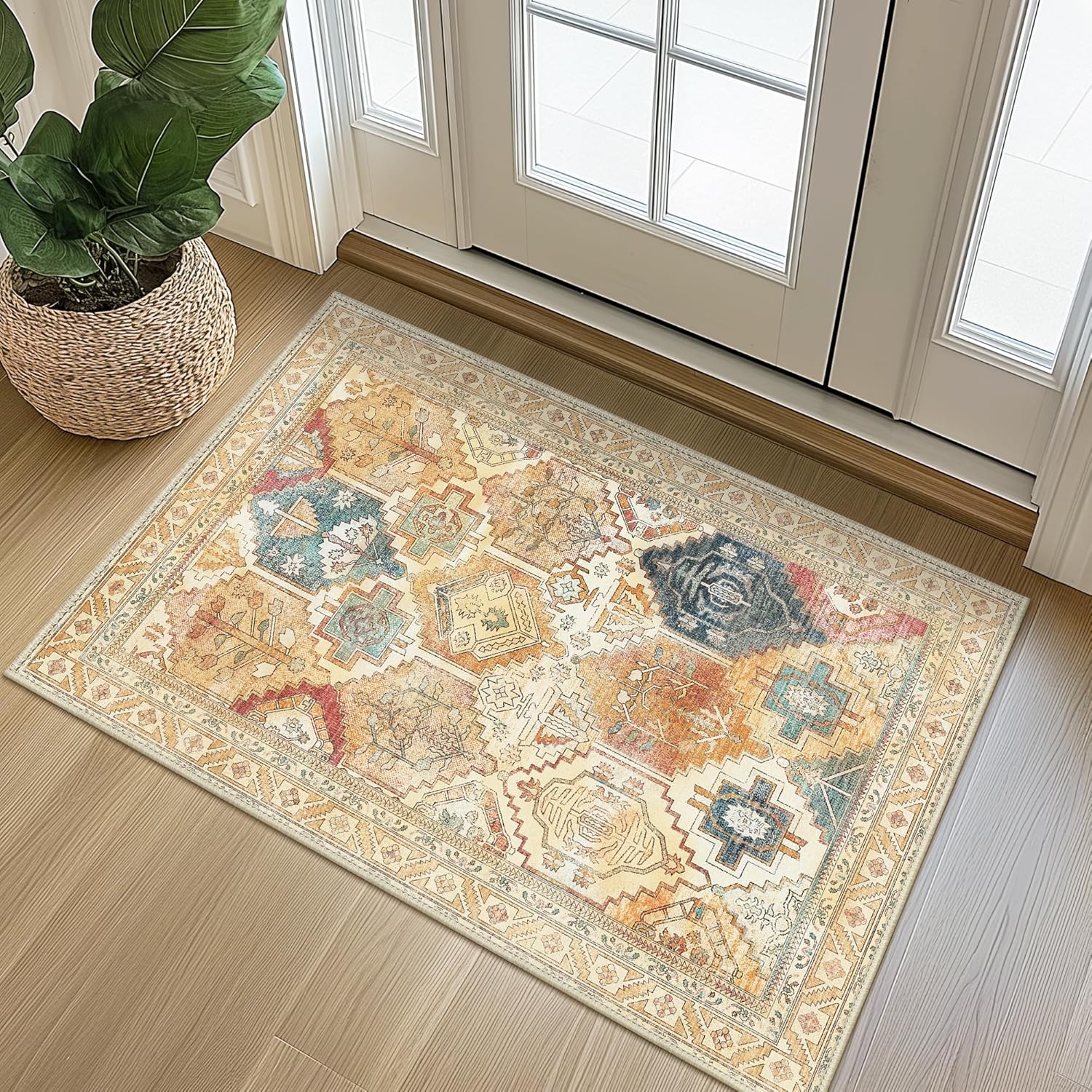 Bavni 5x7 Washable Rug Machine Washable Low Pile Lightweight Non Slip Backing with Floral Vines Print Pattern for Living Room Bedroom Dining Room Indoor Use Sage Teal