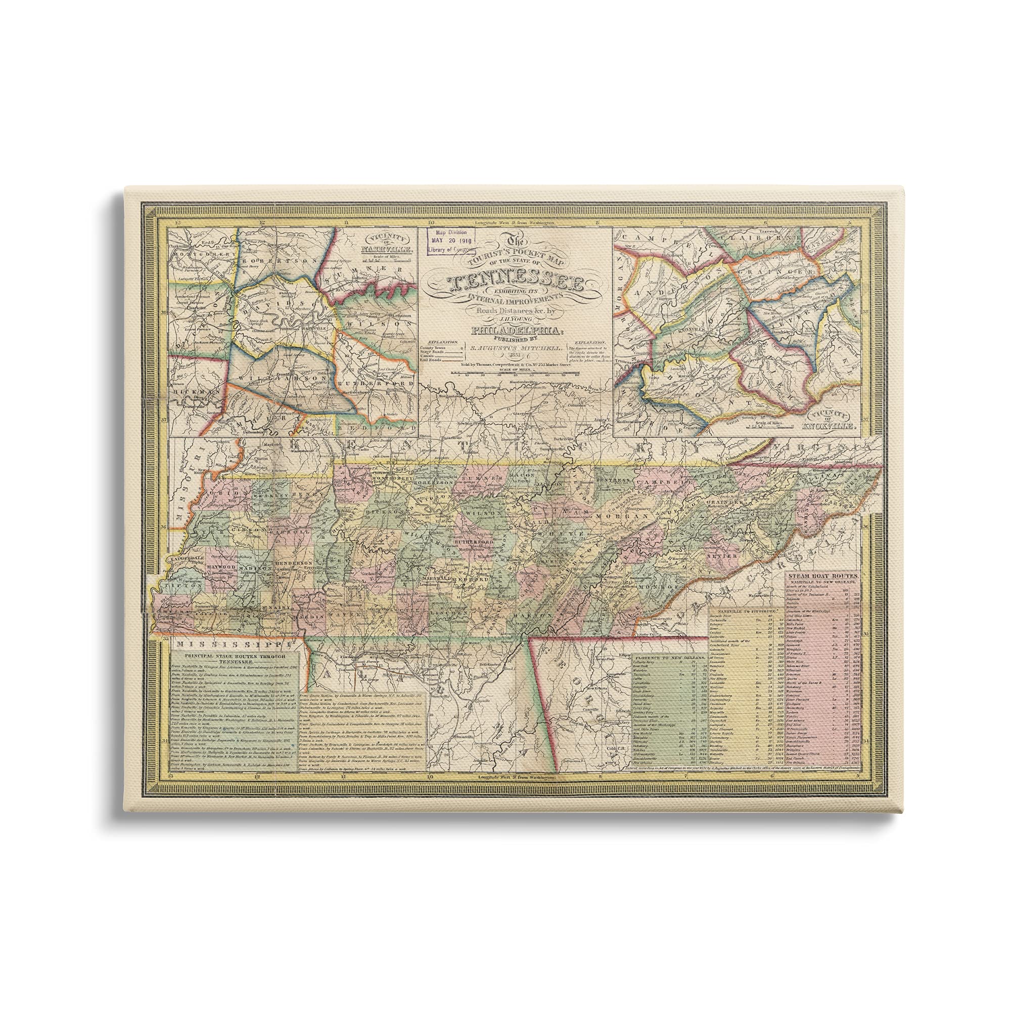 Stupell Industries Historic Tennessee Tourist Map Vintage US State Cartography, Design by Daphne Polselli Canvas Wall Art, 40 x 30, Beige