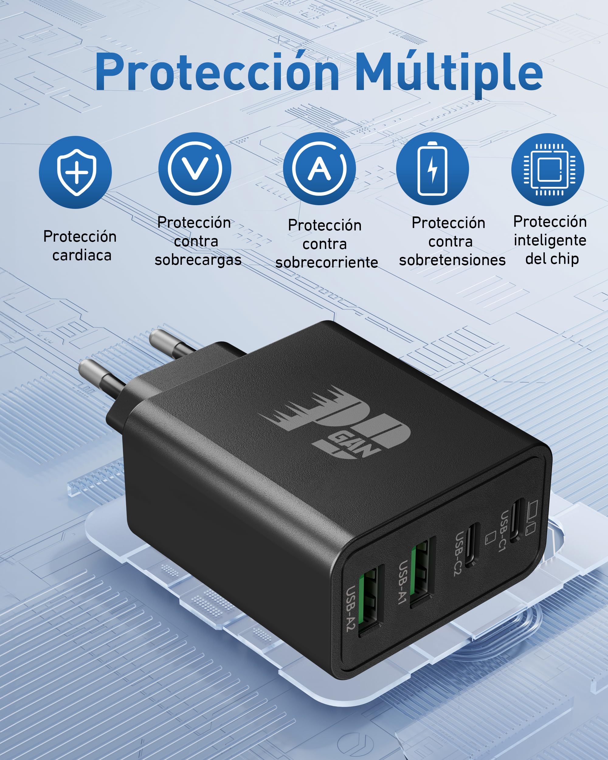 65W Cargador USB C, 4-Puerto Carga Rápido Adaptador con 240W 2M Tipo C Cable para MacBook Pro/Air, Tableta, iPad, iPhone 17/17 Air/16/15 Pro MAX, Samsung Galaxy S25/S26 Ultra, Rapida USB-C/A Enchufe