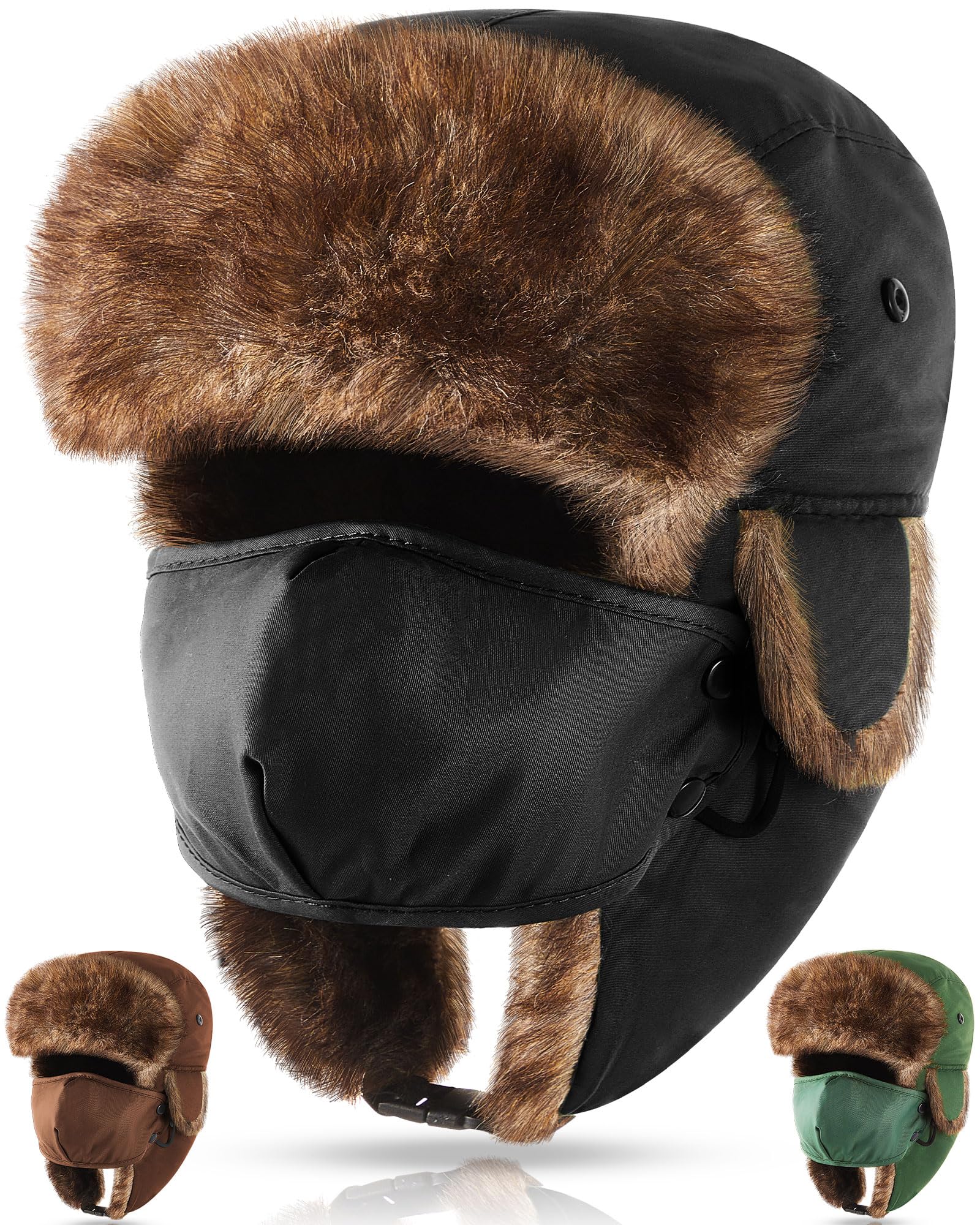 3 Pcs Russian Trapper Ushanka Hat with Mask Men Women Winter Waterproof Ear Flap Chin Adjustable Strap Pilot Cold
