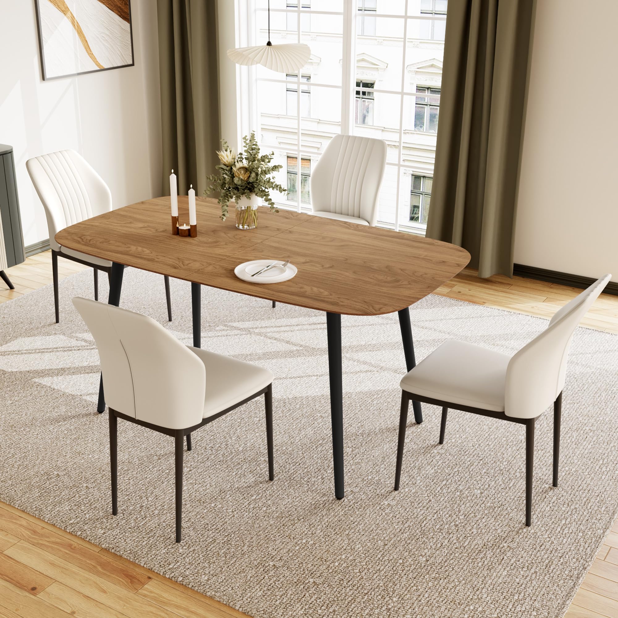 JIEXI Dining Table and Chairs set 4, Kitchen Table 140cm MDF Modern Wooden with Metal Black Legs for Living Room & Dining Room Restaurant, Apartments