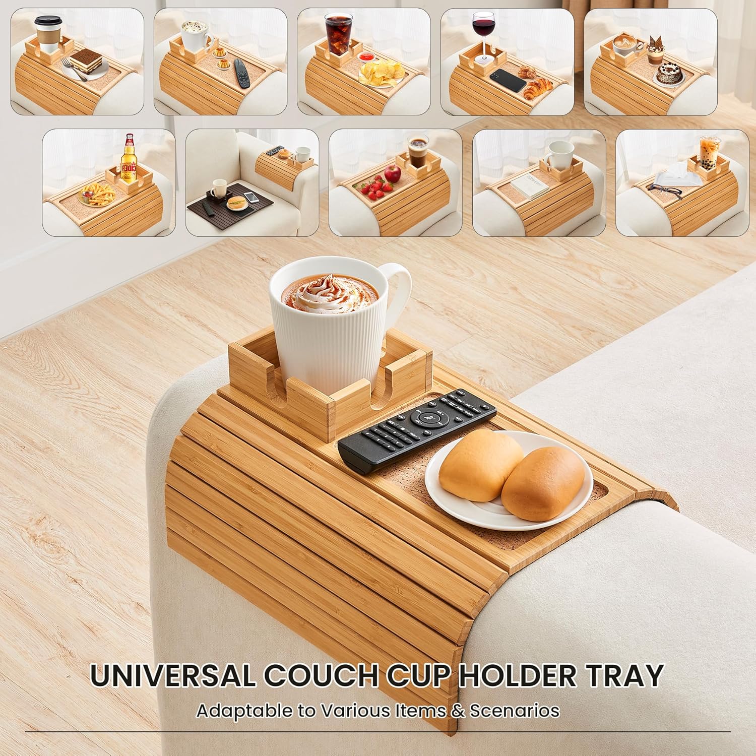 LOVYANXUE Bamboo Couch Cup Holder, Foldable Sofa Arm Tray, Anti-Slip Couch Aremrest Tray Table for Drink, Cup, Remote, Snacks, Cellphone, Portable, Bamboo/Cork Color