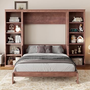 MERITLINE Luxurious Queen Size Murphy Bed with Desk, Wood Hideaway Wall Bed with 10 Shelves, Folding Murphy Wall Bedframe, Brown