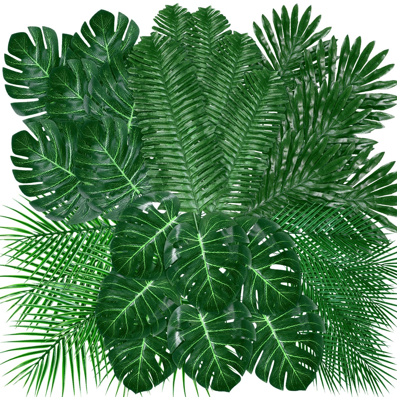 Giegxin 144 Pcs 6 Kinds Artificial Palm Leaves with Faux Stems Tropical Plant Monstera Safari Leaves for Hawaiian Party Decorations Beach Birthday