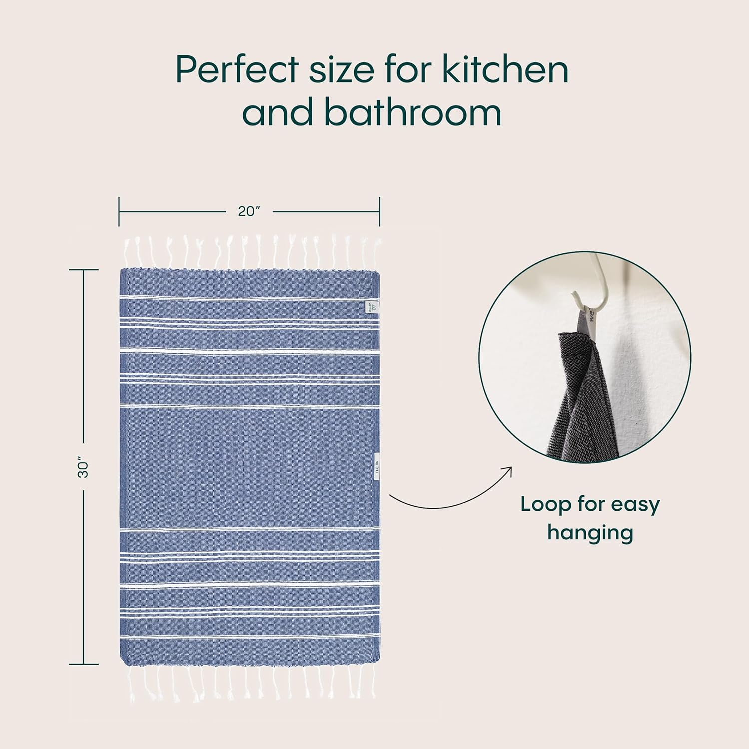 WETCAT Turkish Hand Towels with Hanging Loop, Set of 2 (20" x 30") 100% Turkish Cotton, Pre-Washed, Quick Drying, for Kitchen or Bathroom - Navy Blue