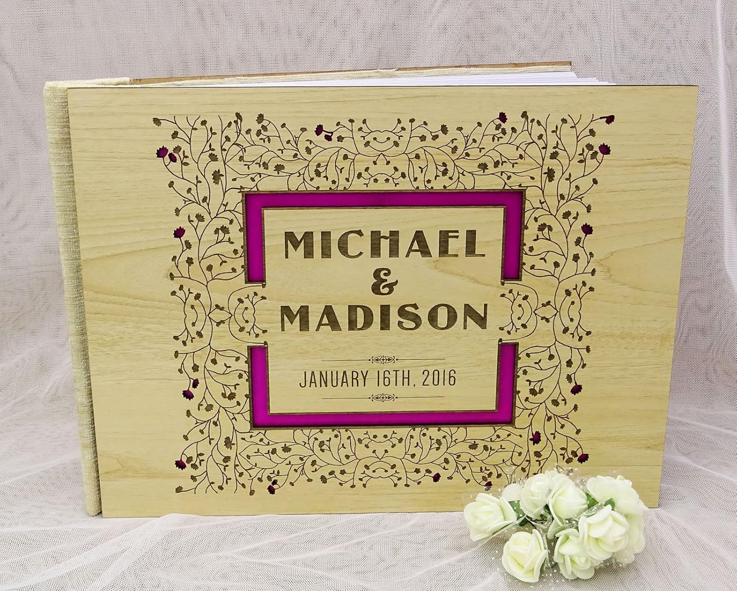 Classic Wood Wooden Engraved Guestbook Bride & Groom Advice Book Personalized Floral Rustic Wedding Guest Book - 50 Pages