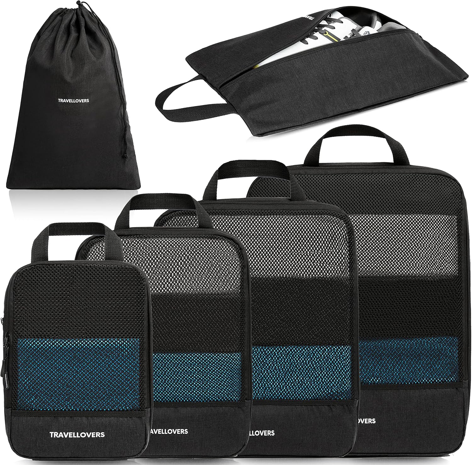TravelLovers Compression Packing Cubes – 6 Pack Packing Cubes for Suitcases – Durable Nylon Suitcase Organiser Bags with Mesh Panel – Packing Cubes for Travel with Laundry & Shoe Bag (Black) TravelLovers Compression Packing Cubes – 6 Pack Packing Cubes for Suitcases – Durable Nylon Suitcase Organiser Bags with Mesh Panel – Packing Cubes for Travel with Laundry & Shoe Bag (Black)