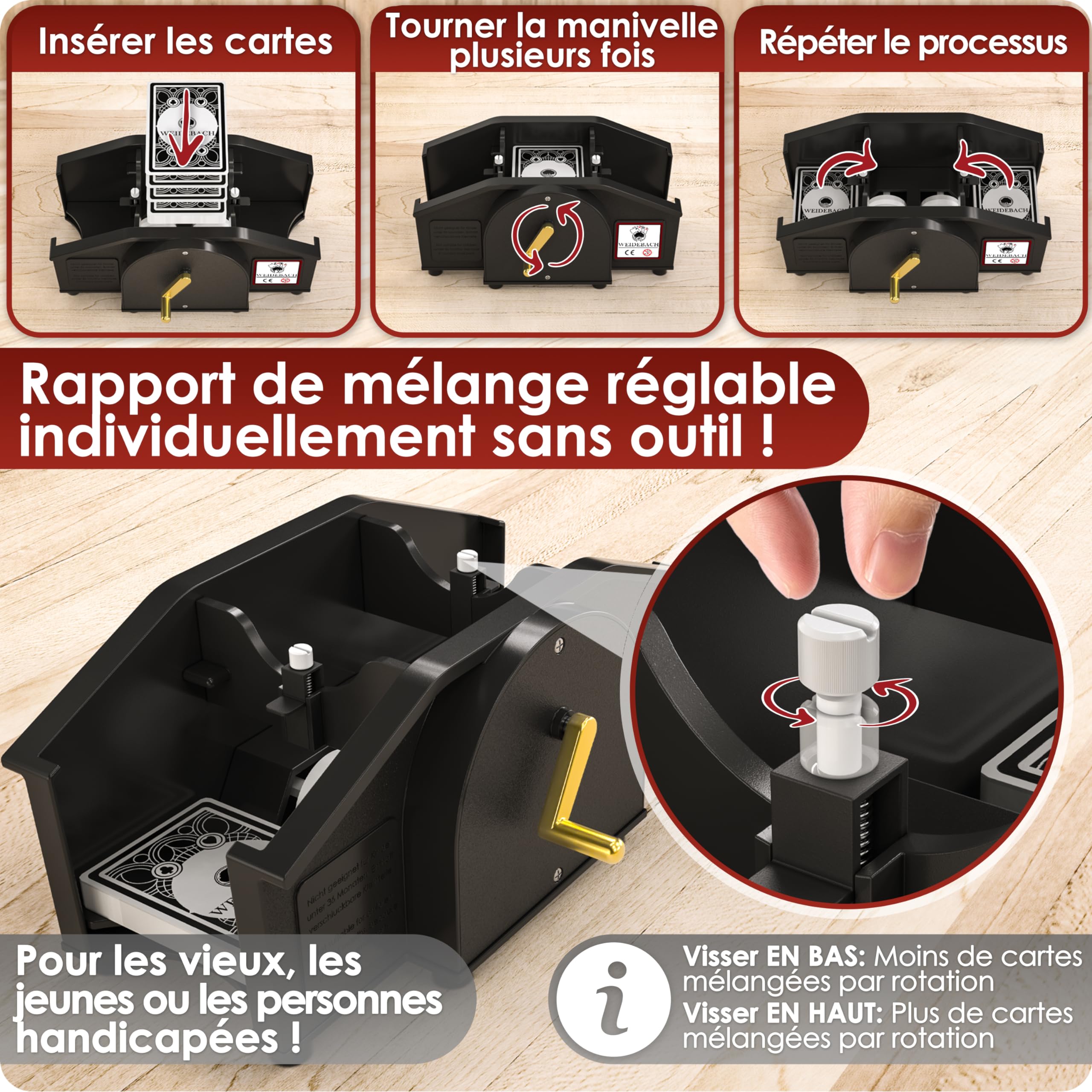 WEIDEBACH® Mélangeur de Cartes Noir avec Manivelle Dorée pour Jeux Standard, 2 Jeux & Manivelle de Rechange, Appareil de Mélange avec Li