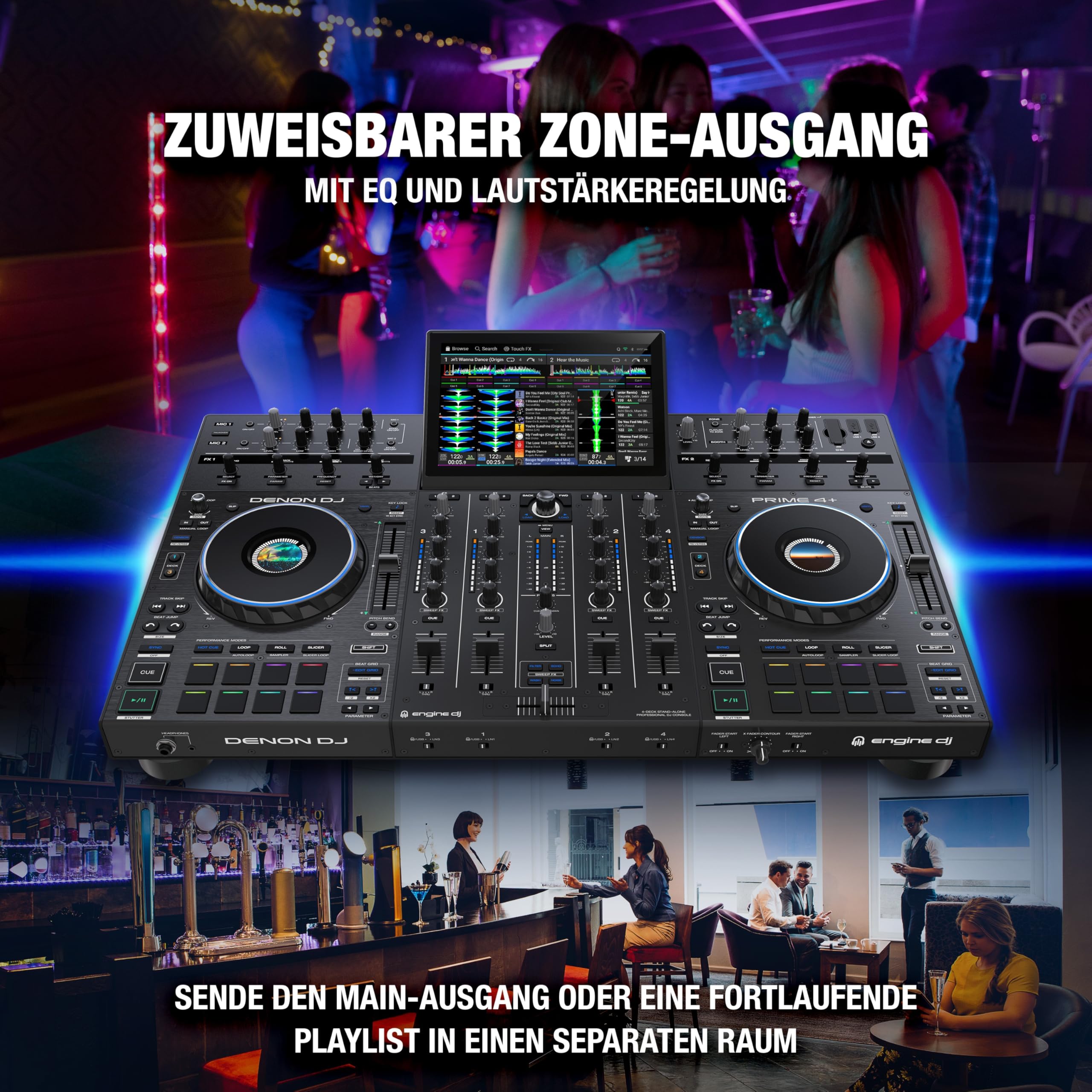 Denon DJ PRIME 4+ Standalone DJ-Controller mit Stem-Trennung auf 4 Decks, WLAN-Streaming, Drop Sampler Mixer, 10.1-Zoll Touchscreen, Beleuchtungssteuerung, Schwarz