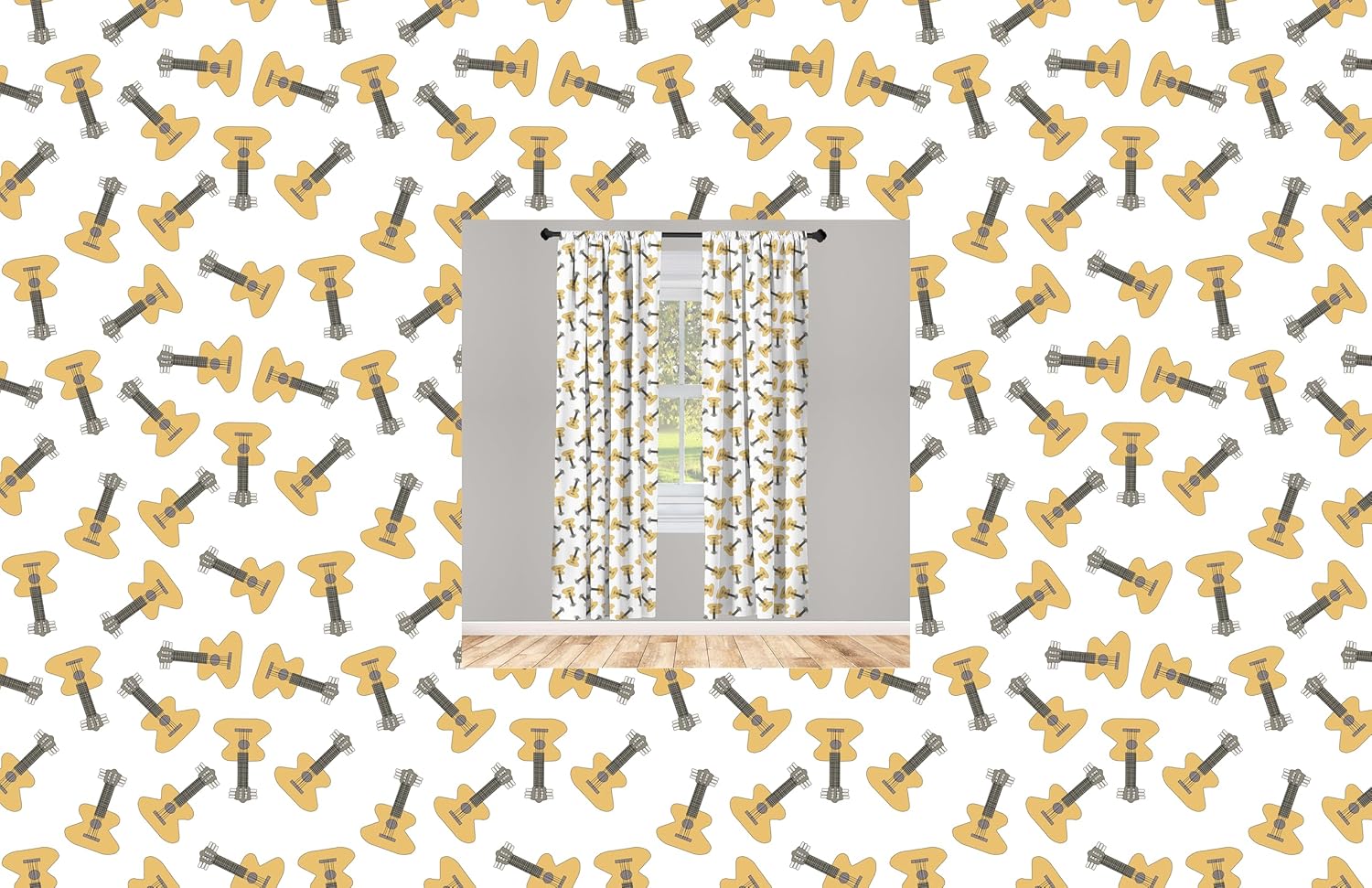 Ambesonne Music Curtains, Hand Drawn Like Cartoon Art Style Sketch of Repetitive Acoustic Guitars, Window Treatments 2 Panel Set for Living Room Bedroom, Pair of - 28" x 95", White Brown