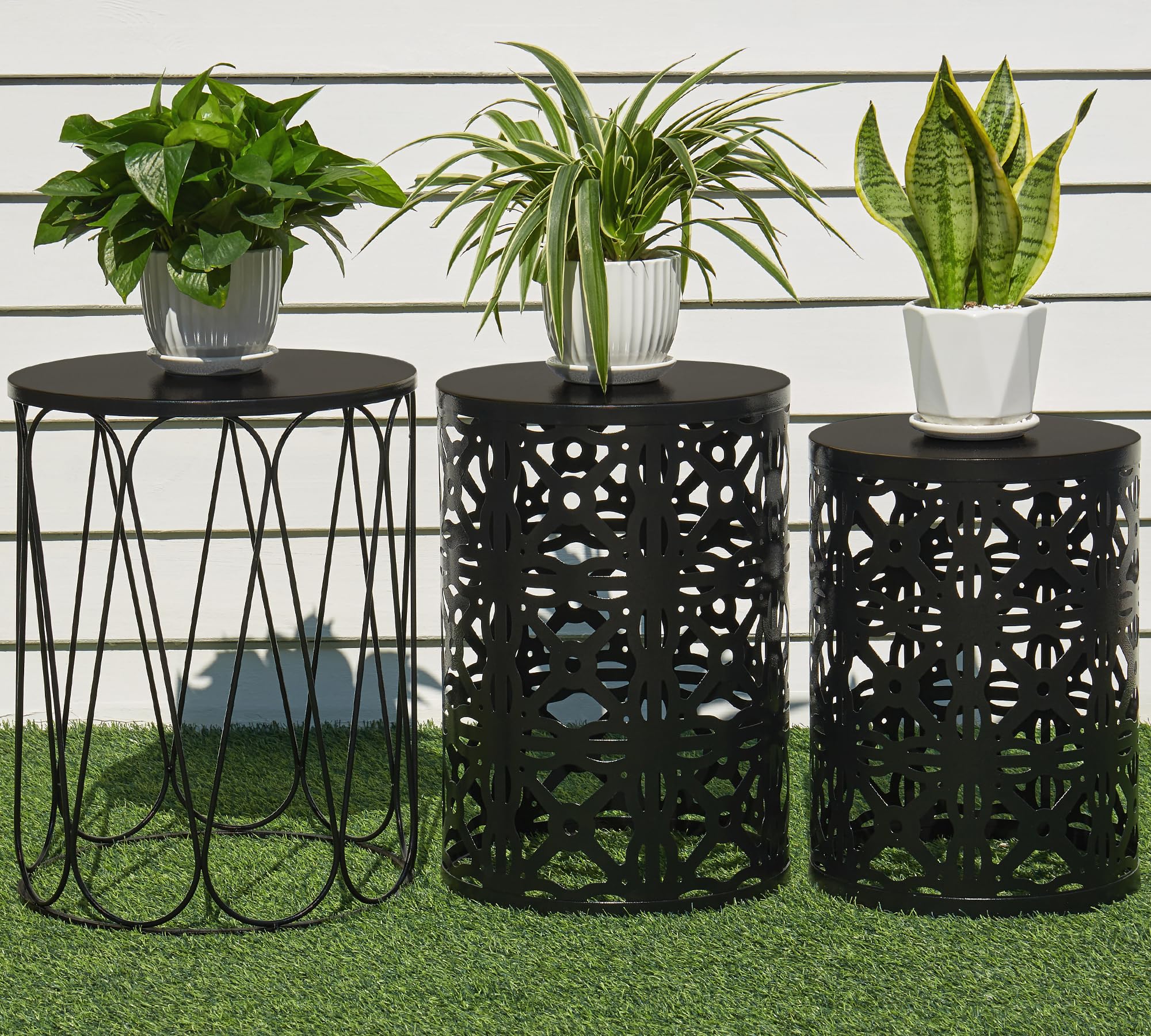 HFHOME Set of 3 Metal Outdoor Side Table, Nesting Round Coffee Table for Indoor Outdoor, Heavy Duty End Tables Plant Stand Living Room Garden Stool -