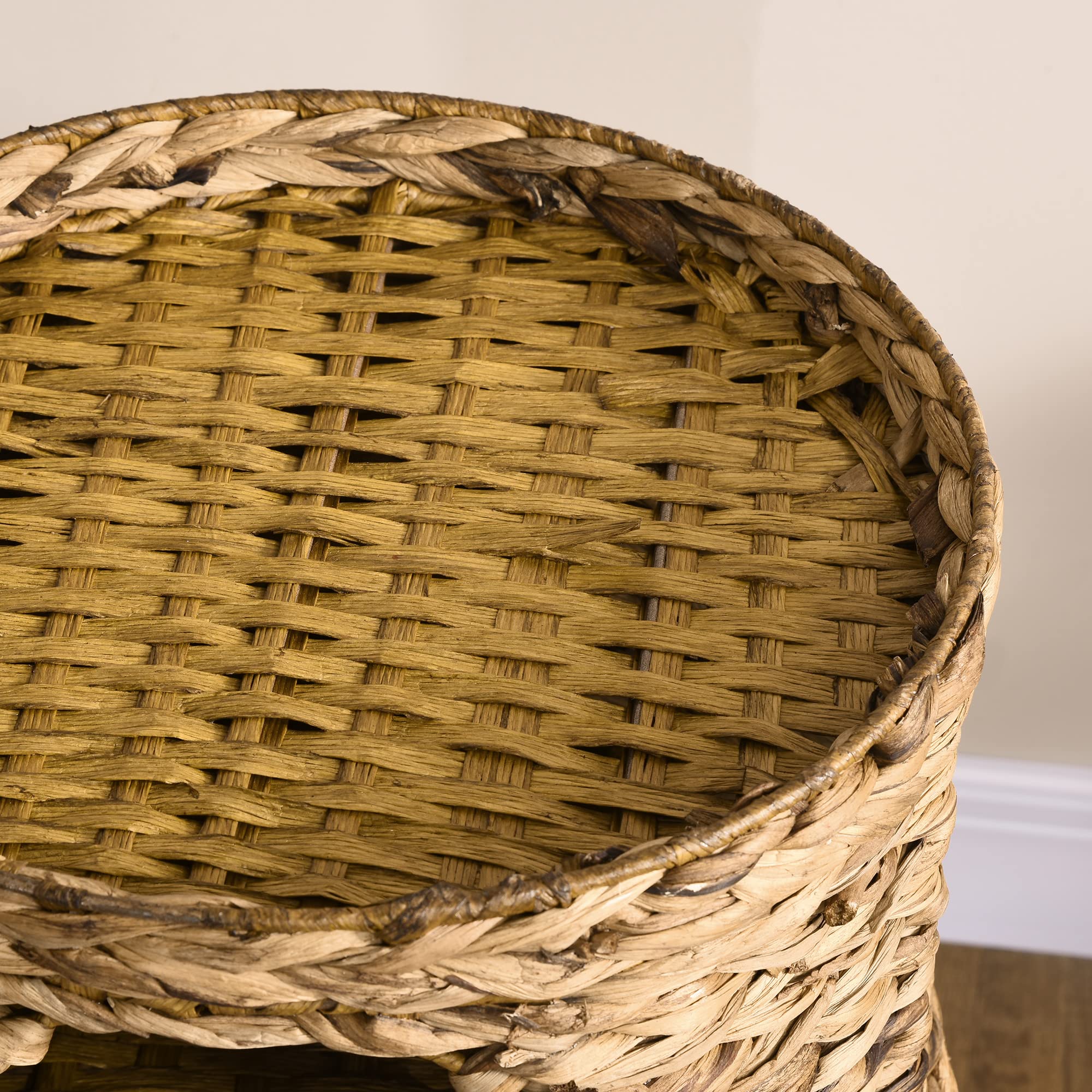PawHut Tazzone tiragraffi alto 73 cm con 3 grotte, albero tiragraffi con cuscino, torre per gatti in giacinto d'acqua, per gatti fino a 3,5 kg, marrone chiaro