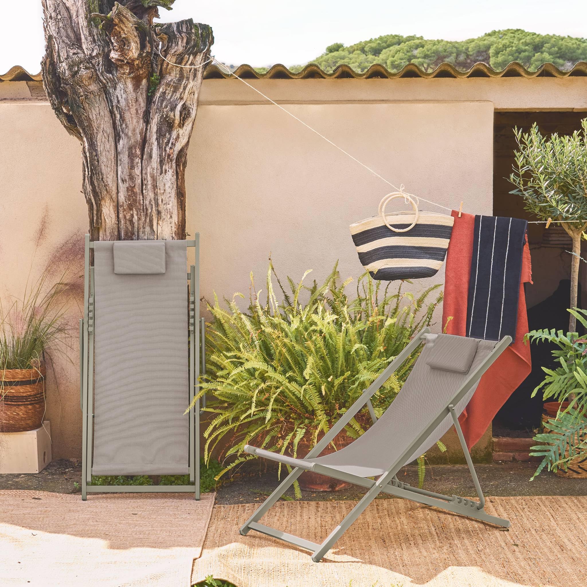 Set 2 sedie sdraio pieghevoli con cuscino e multiposizione Verde kaki - 102x62x81 cm