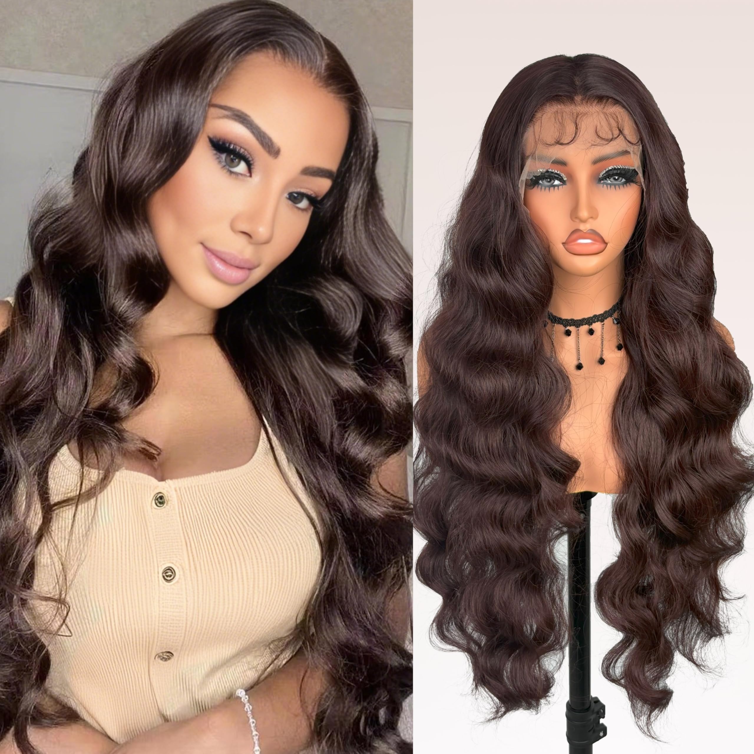 ZadaBelly Brown Body Wave 13x4 Lace Front Wig 30 inch Lightweight Wavy Hair Pre Plucked Hairline with Baby Hair, Transparent glueless Lace Synthetic