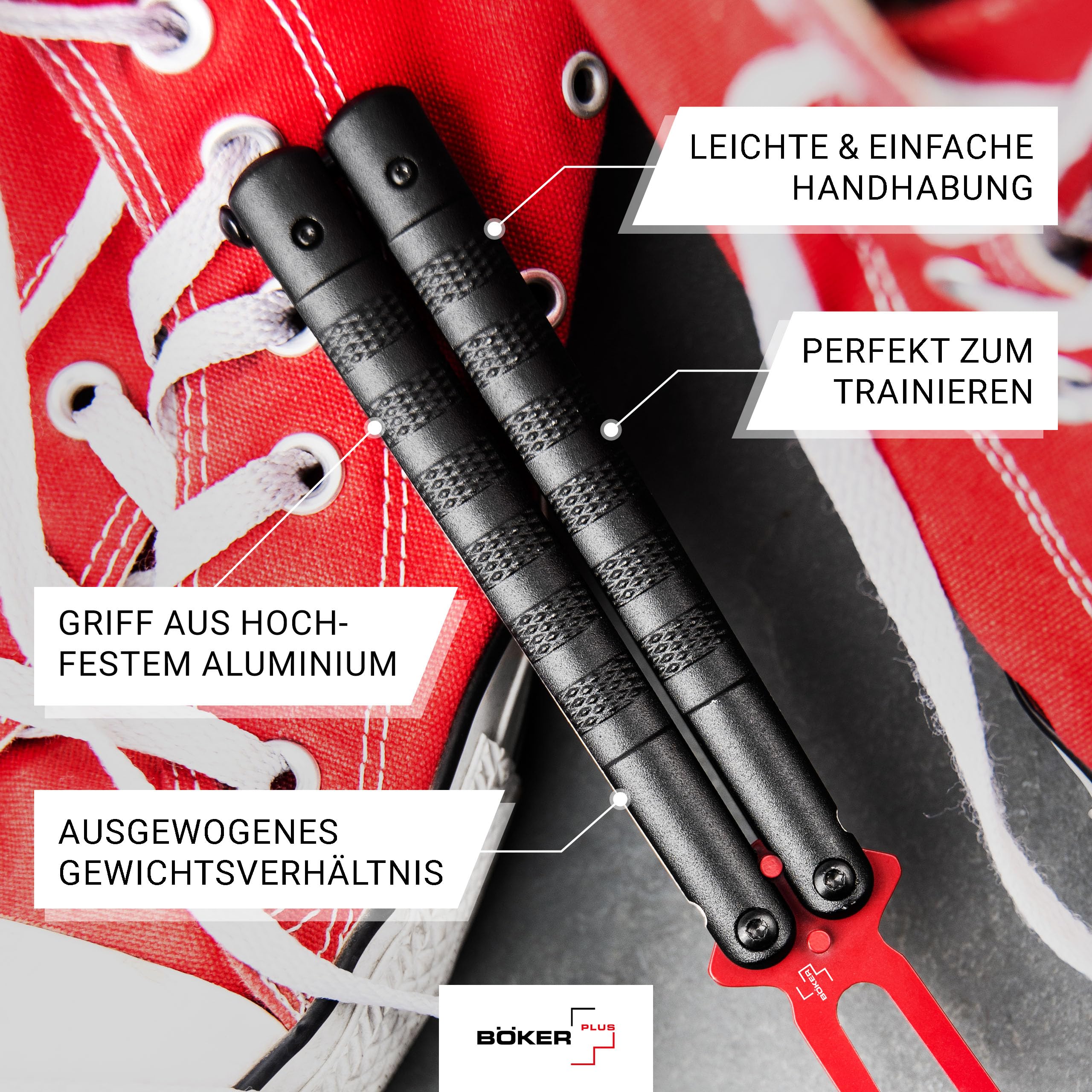 Böker PLUS® Relack Trainer – legales Balisong Trainingsmesser mit schwarzem Alu-Griff - Übungs-Messer mit roter Dummy Klinge ungeschärft - hochwertiges Butterfly Trainer Messer