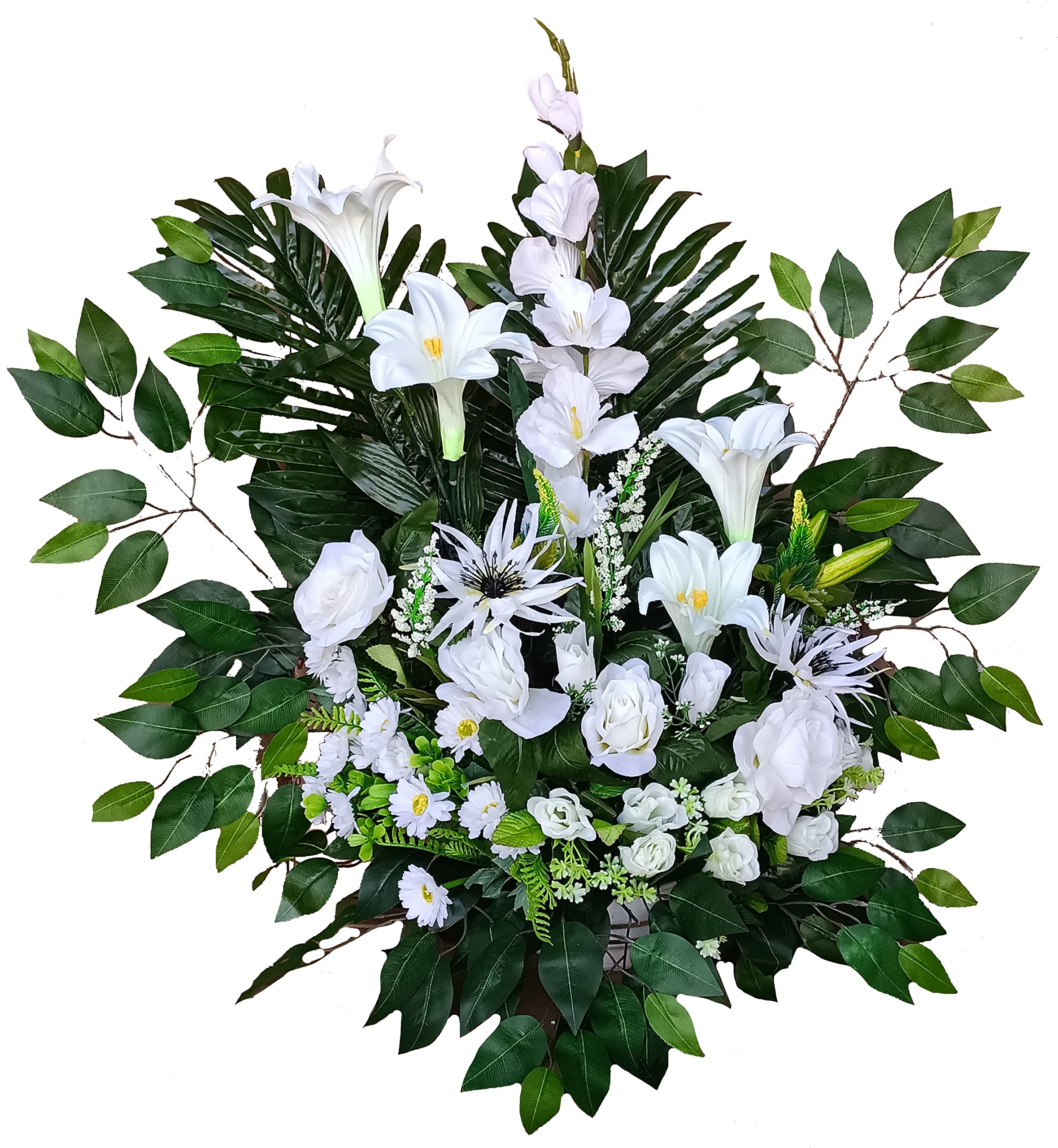 Centro de Flores Artificiales Cementerio, Santos, Aniversarios de pie Blanco 80 cm Alto x 80 cm Ancho x 40 cm Fondo