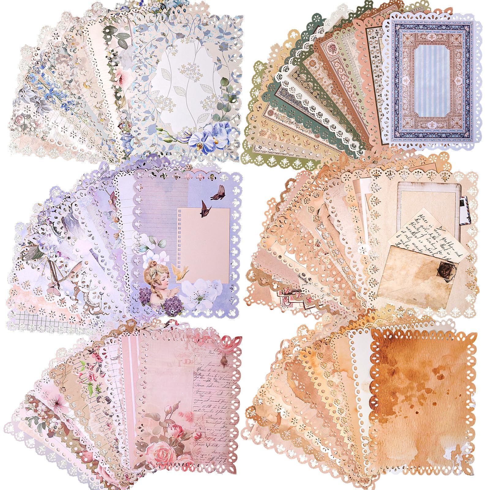 Ecoofor 60 Sheets Vintage Lace Edged Scrapbook Paper Set – 6-Pack Assorted Retro Stationery for Letters, Scrapbooking, Journals, Collages, and DIY Crafts (4.9x6.9 Inches)