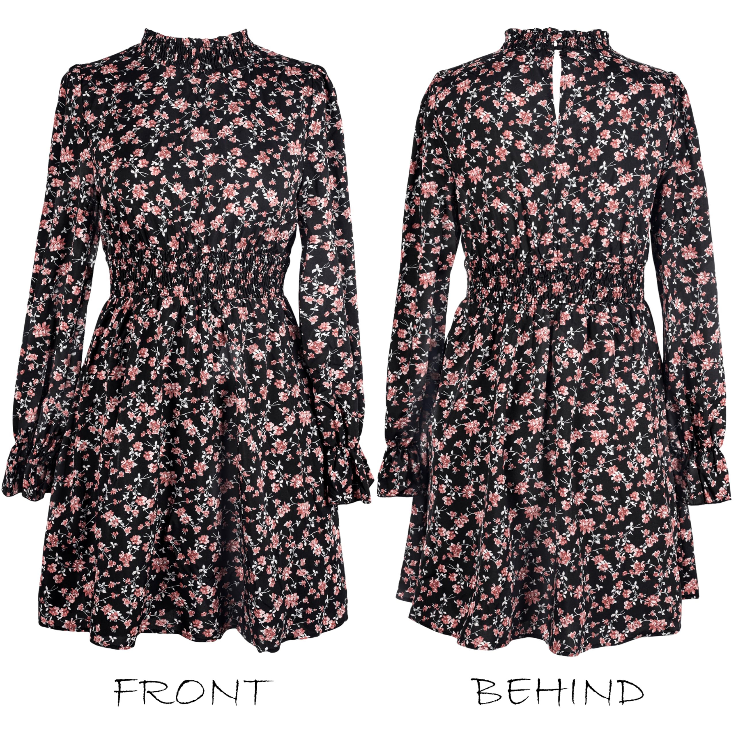 CUPSHE Damen Herbstkleid Blumenmuster Stehkragen Langarm Gesmokte Taille | Minikleid Volantmanschetten Rückenverschluss Elegant A Linie Tunika Kleid Freizeitkleid Partykleid Fließender Rock