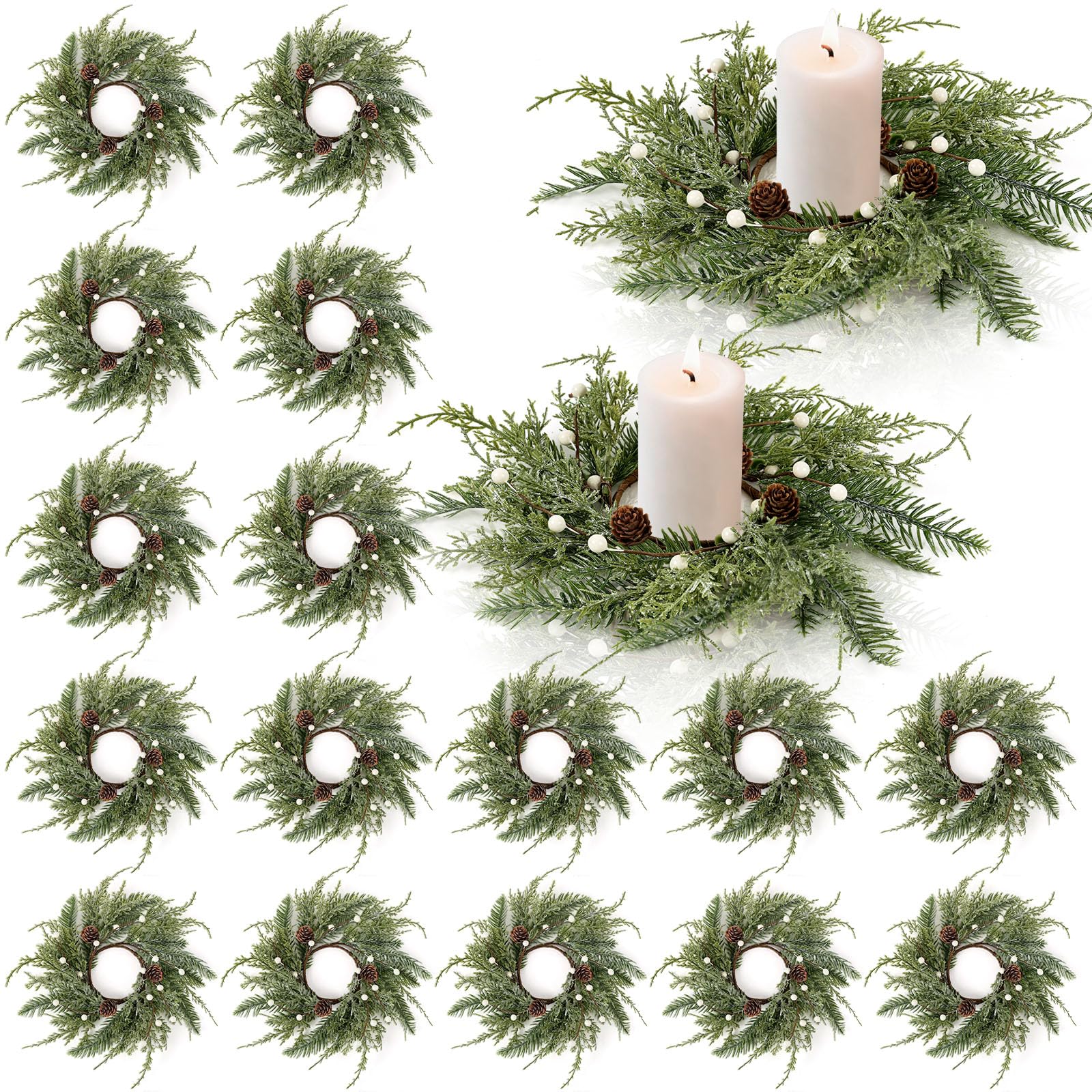 18 PCS Christmas Wreath Candle Rings Mini Wreath Pine Garland Artificial Frosted Cedar and Pine Cone Candle Rings Holder for Christmas Wedding Home Table Centerpiece Door Window Chair Wall