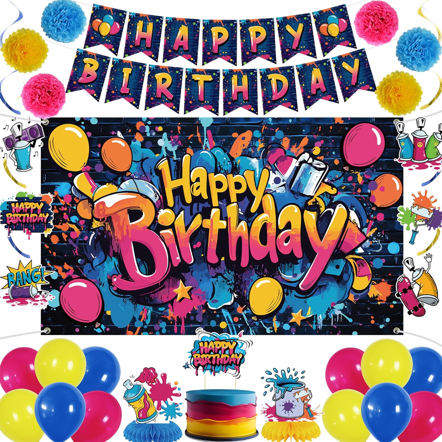Holkcog Paint Party Decorations for Boys Girls, Graffiti Happy Birthday Banner, Paper Flower Balls, Ballons, Honeycomb Ornament, Cake Topper, Paint Splatter Party Supplies for Baby Shower