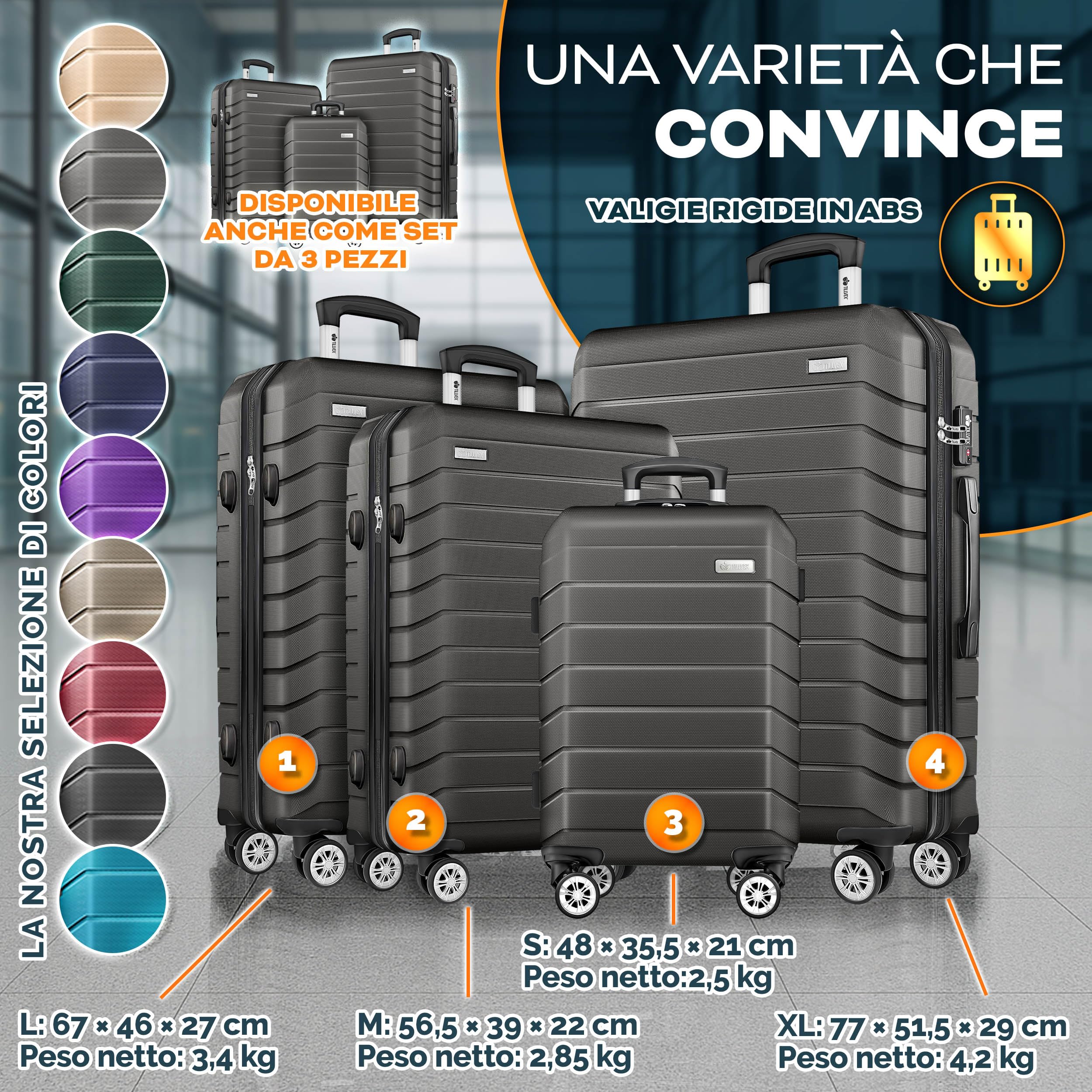 tillvex® Set 4 valigie rigide S-M-L-XL + bilancia, 4 cinghie e 4 etichette bagagli | Valigia da viaggio leggera con 4 ruote piroettanti | Guscio rigido in ABS con lucchetto TSA (Grigio/Antracite)