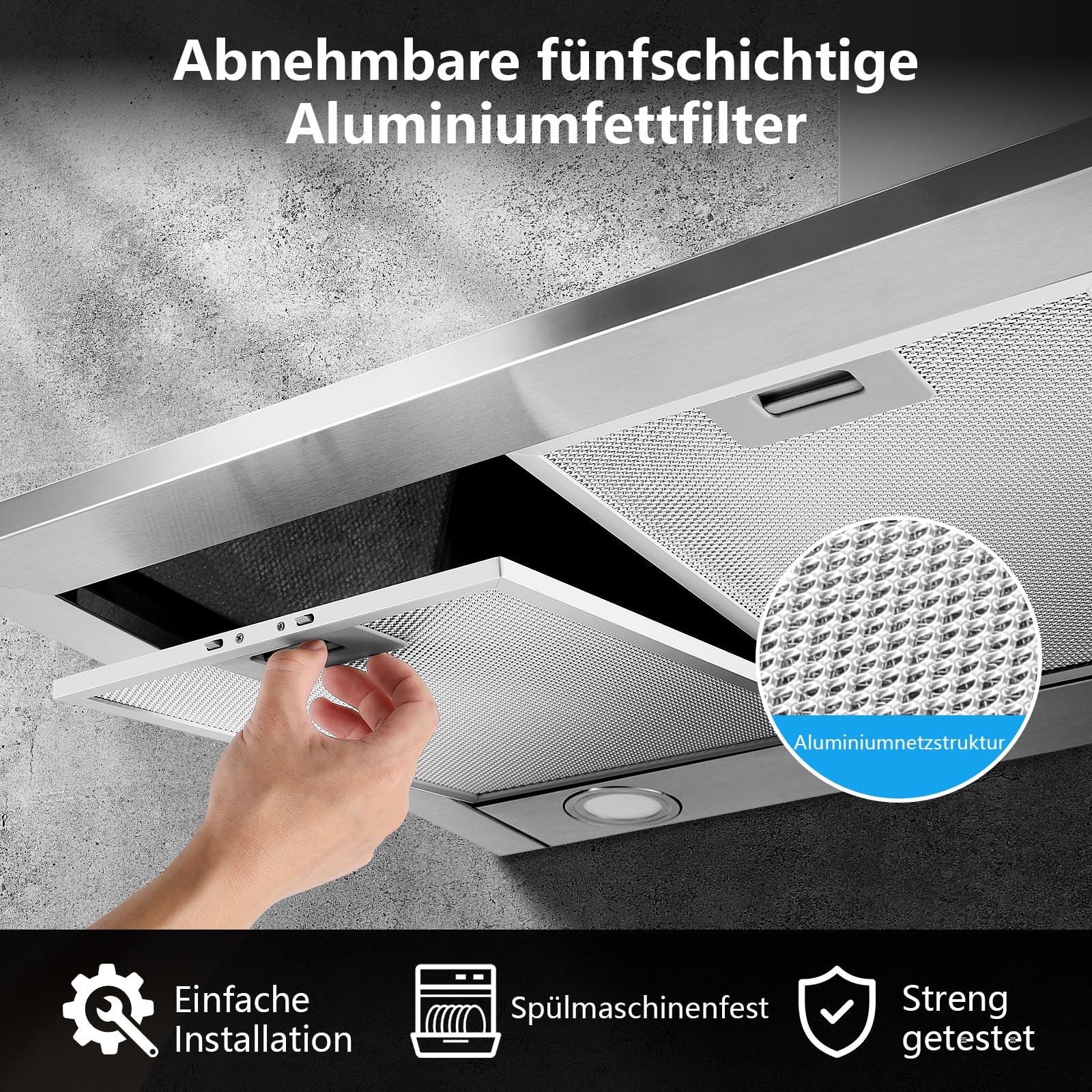 SNDOAS A++ Dunstabzugshaube 90cm Umluft/Abluft, 350 m³/h | Abzugshaube 90cm Breit mit Aktivkohlefilter Fettfilter, 3 Leistungsstufen, Edelstahl Wandhaube Dunstabzugshaube, LED-Licht