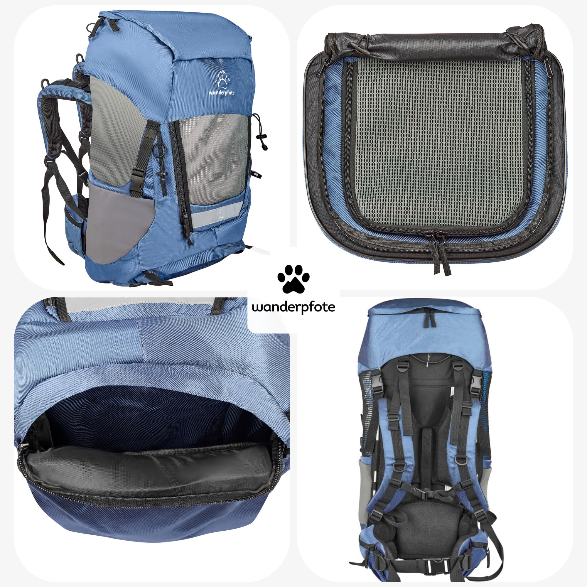 Trekking Hunderucksack bis 12kg zum Wandern - Größe M, Farbe Blau - Premium Rucksack mit Höhenverstellbarem Tragesystem und Stauraum für Gepäck