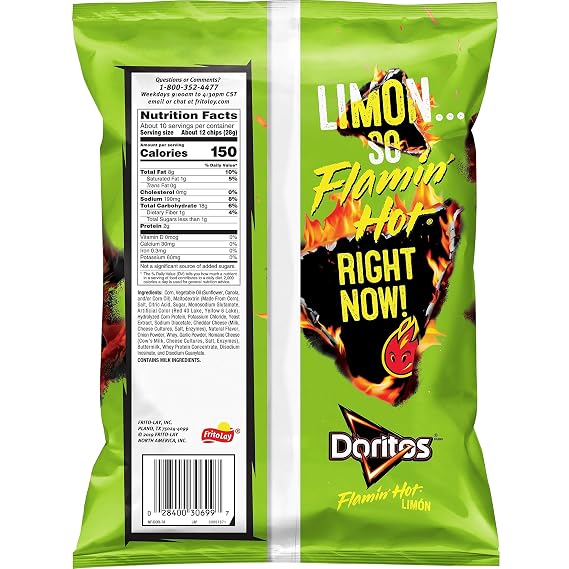 Doritos Tortilla Chips, Flamin' Hot Limon, 9.75oz Bag