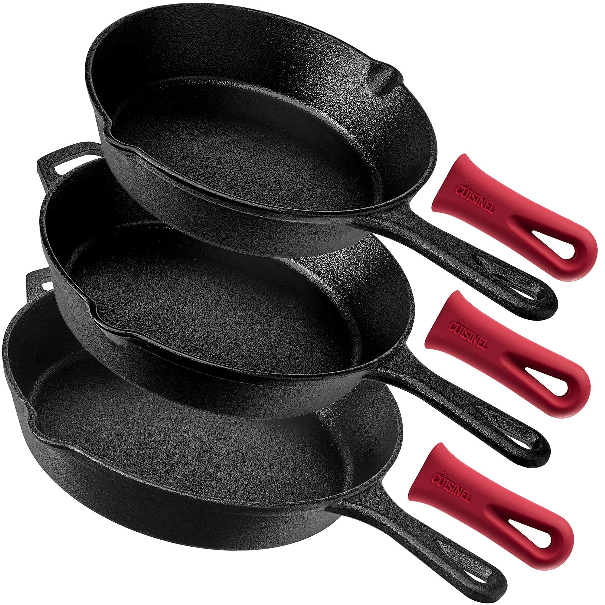 cuisinel pre-seasoned cast iron skillet 3-piece chef set (8-inch, 10-inch, 12-inch) oven safe cookware - 3 heat-resistant holders - indoor & outdoor use - grill, stovetop, black