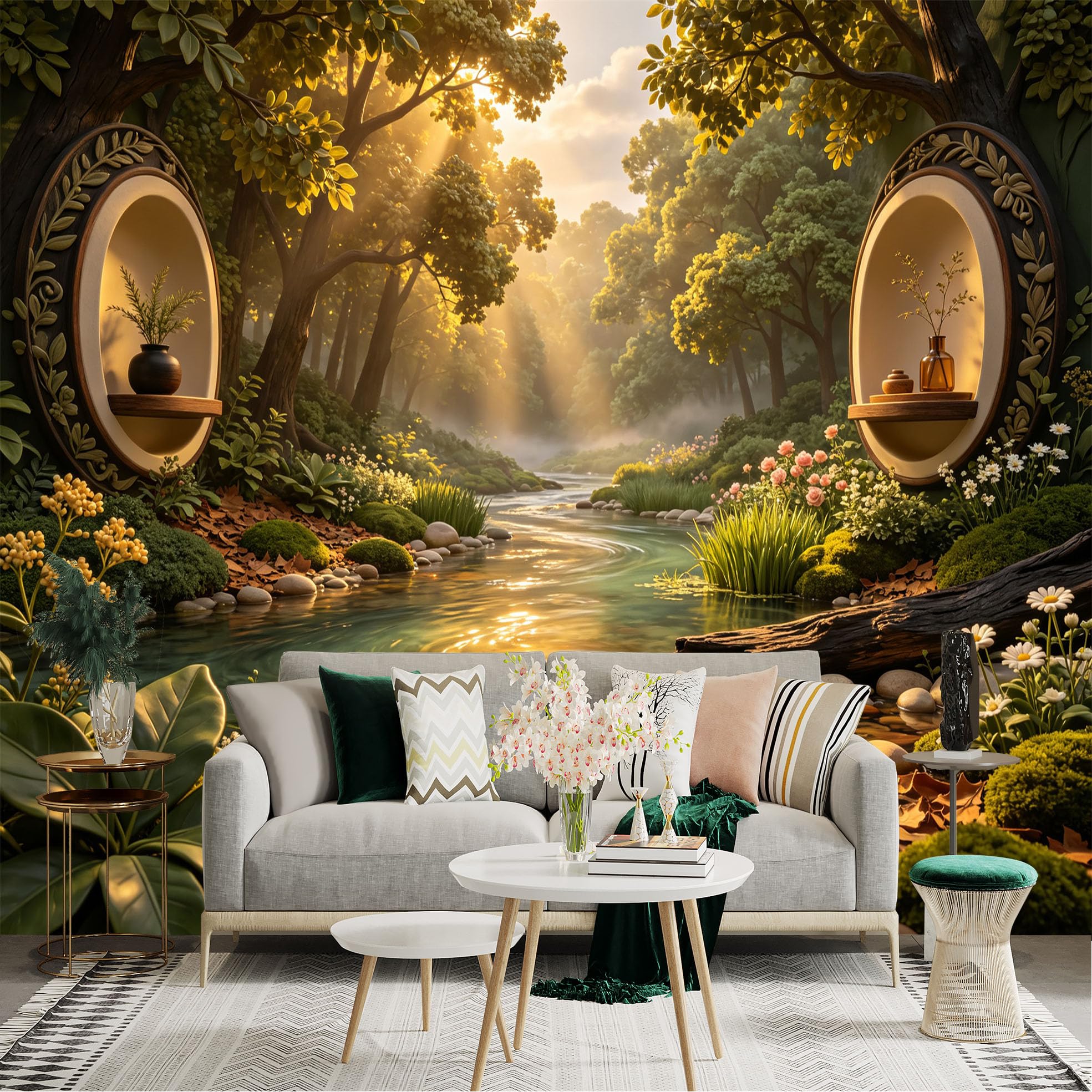 Lnzczhyre Bh260719363 Custom Size Wall Sticker Mural， Enchanted Forest With River， Sunlit Woodland Scenery， Zen Nature Interior Art， For Wall Decoration， Peelandstick Wall Decals.