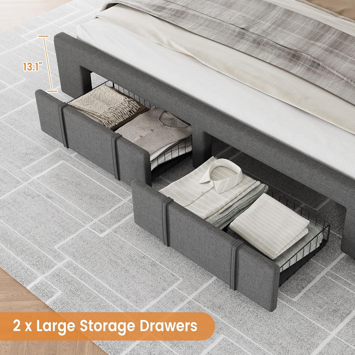 Garvee Queen Size Bed Frame, Upholstered Platform Bed Frame with Storage Drawers, Mattress Foundation with Solid Wooden Slats Support, No Box Spring Needed, Grey