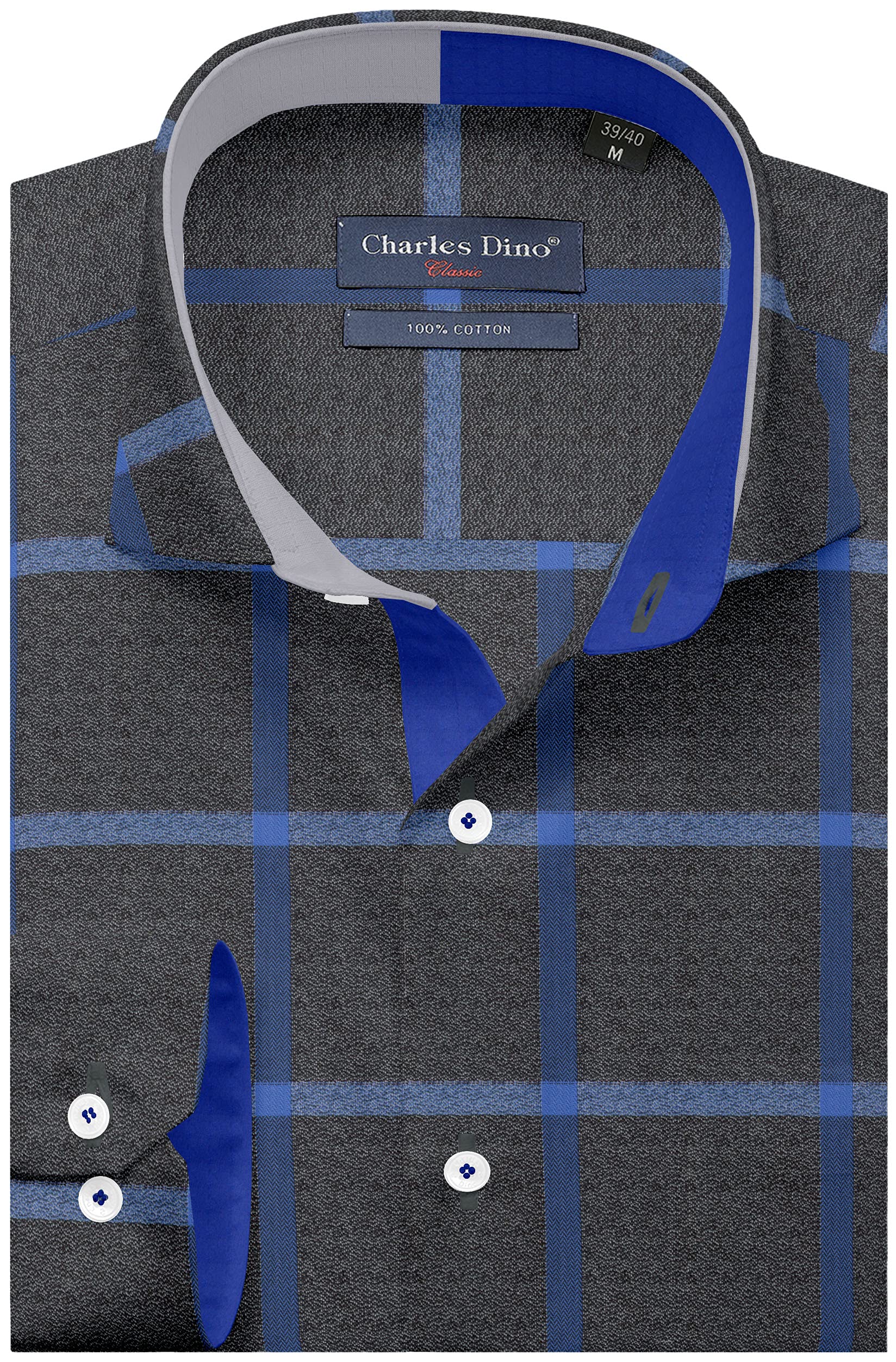 Charles Dino 100% Giza Cotton Blue with Grey Checkered Shirt for Men's Formal/Causal