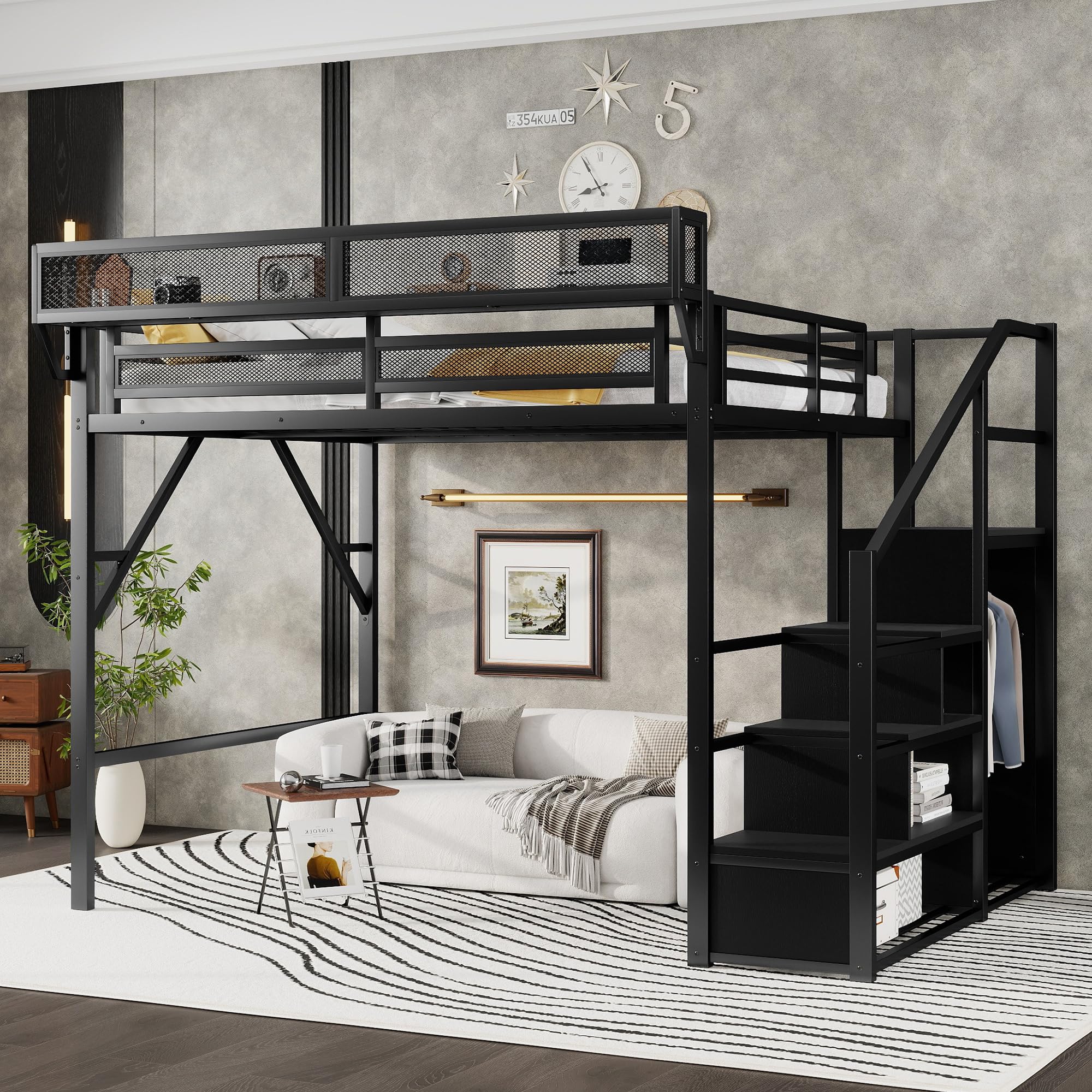 KEIKI Queen Size Metal Loft Bed Frame