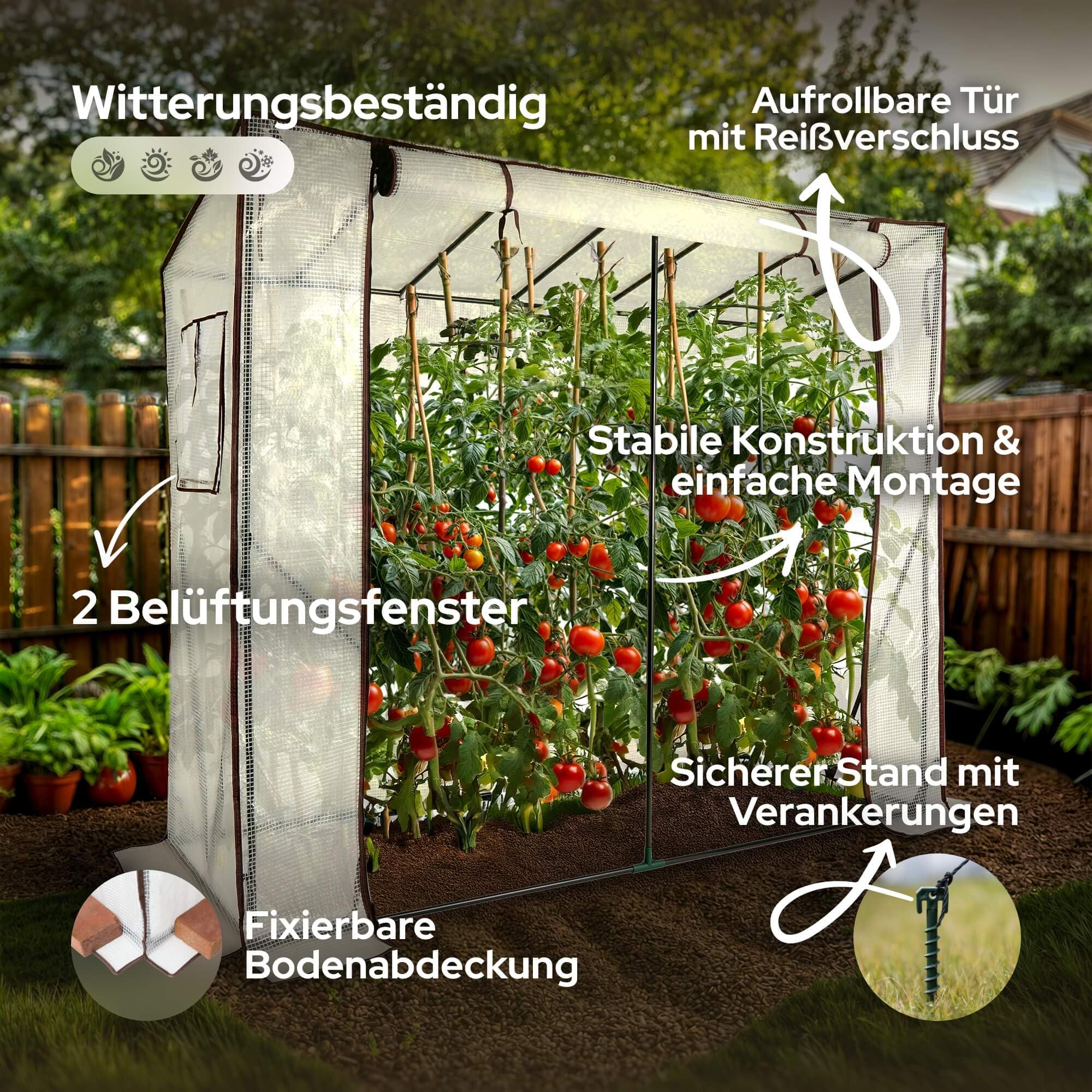 Arebos Tomatengewächshaus Foliengewächshaus | 200 x 77 x 170 cm | 2 Belüftungsfenster & Rolltür | Tomatenhaus Treibhaus groß | Tomatenzelt Gurken Garten Frühbeet