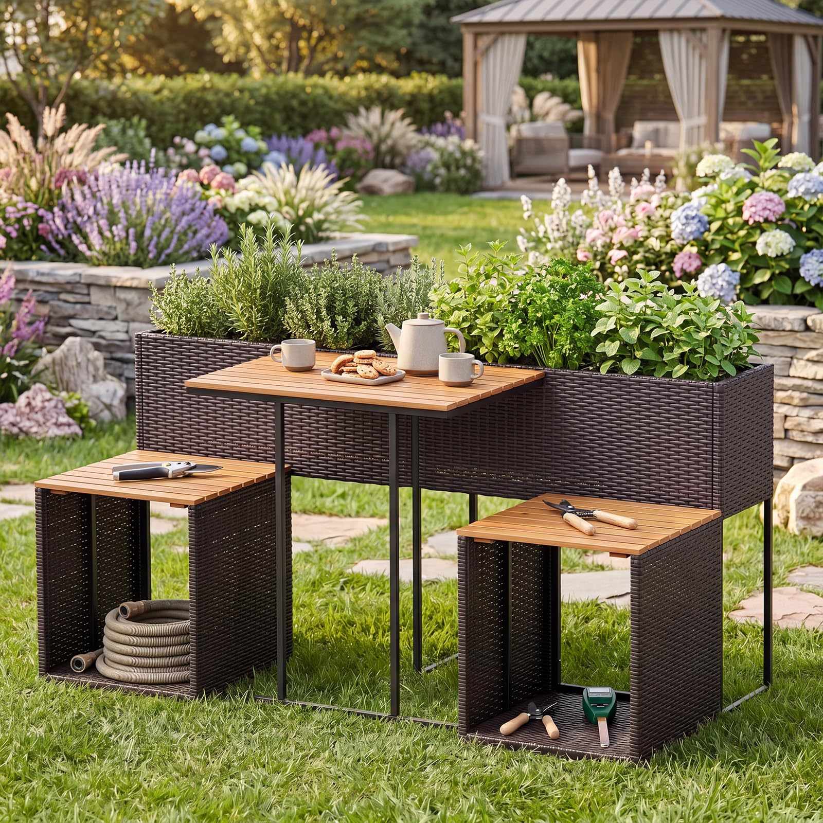 SOARS Salotto da Giardino Esterno con Tavolino, 2 Sedie, Fioriera (Marrone) | Set Mobili da Giardino in Rattan con Vano Portaoggetti e Fioriera Rialzata per Giardino, Balcone e Bordo Piscina