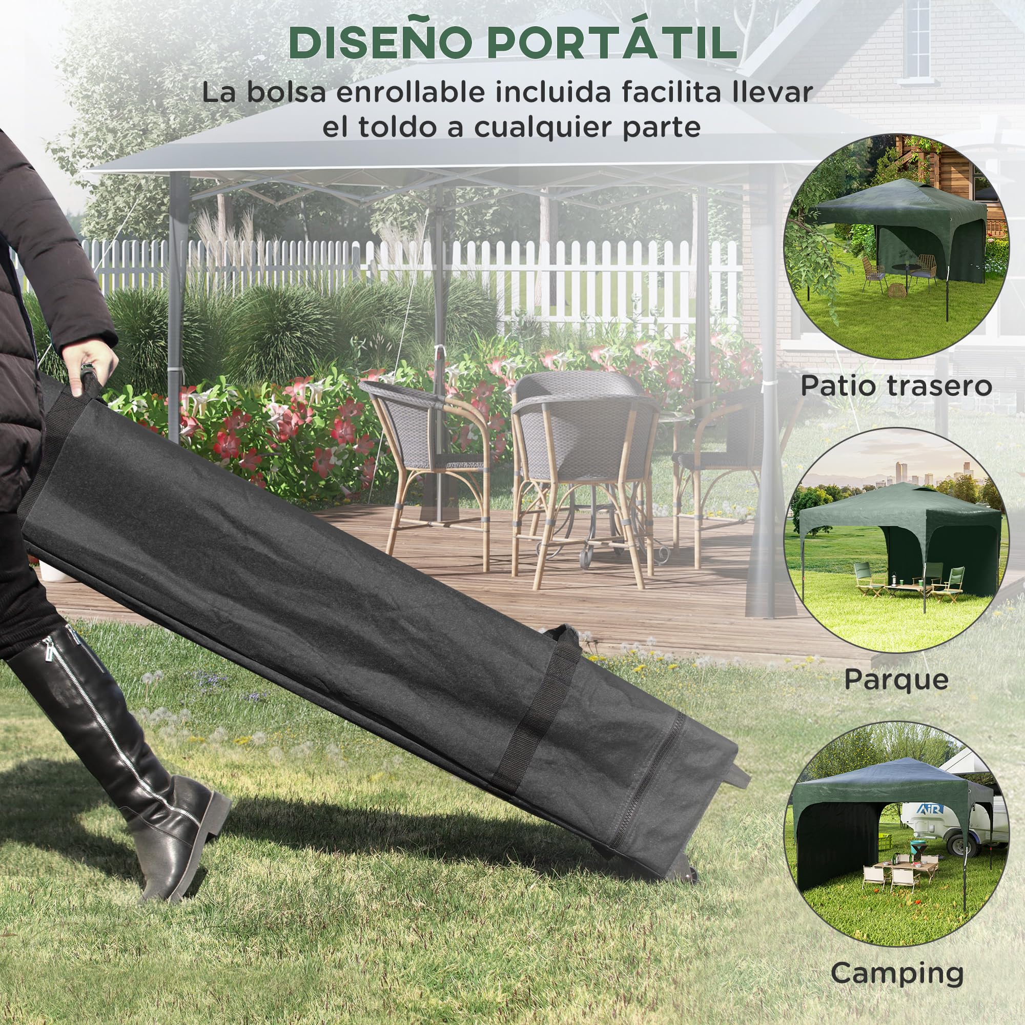 Outsunny Carpa Plegable 3x3 m Cenador de Jardín con Altura Ajustable 1 Pared Lateral Impermeable 4 Bolsas de Arena y Bolsa de Transporte Gazebo para Exterior Patio Fiestas Verde