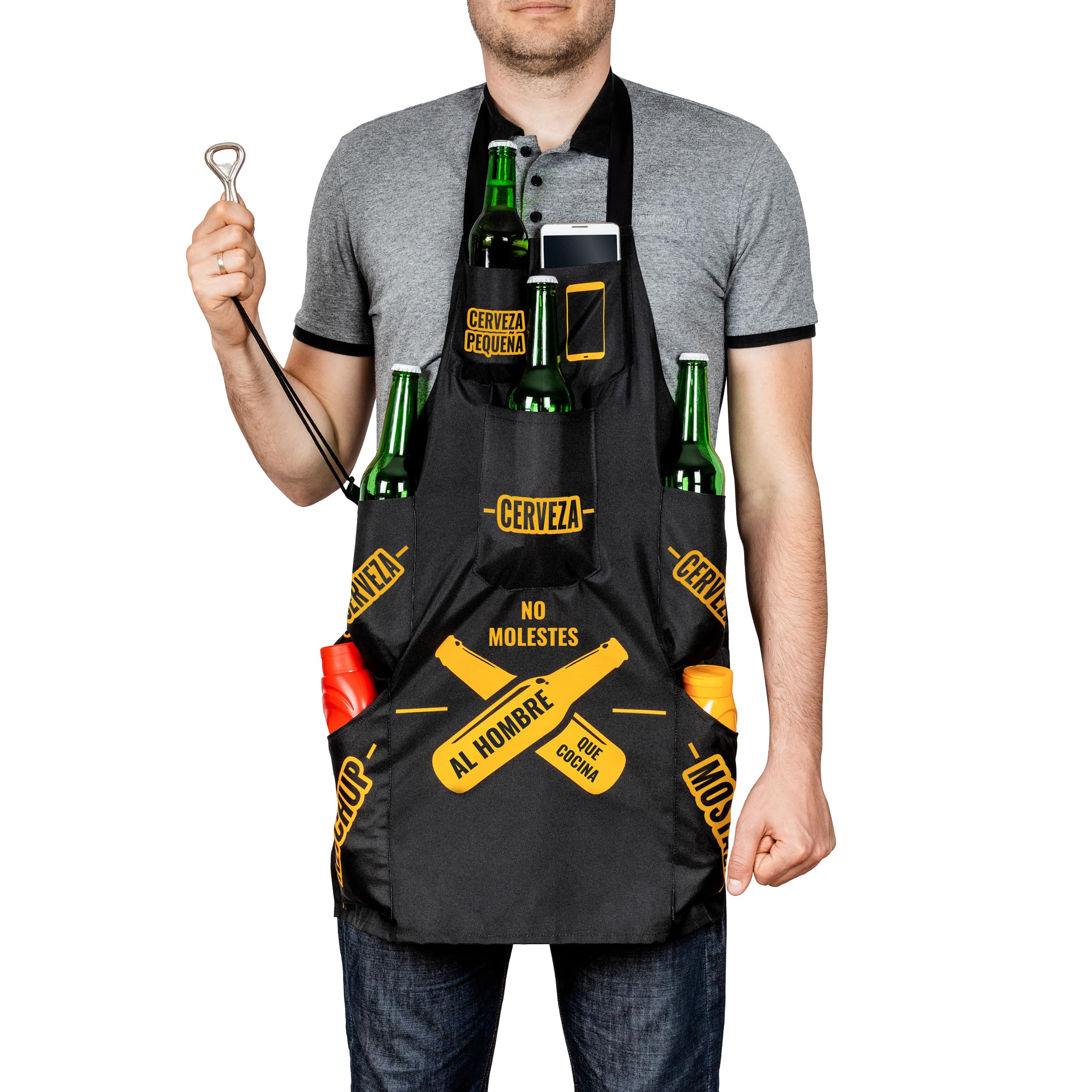 Froster Delantal para Hombres que Cocinan, Delantal Barbacoa Hombre, Delantal Cocina Hombre Divertido, Impermeable, 7 Bolsillos para Cerveza, Regalo Padre, Hermano, Marido, Amigo