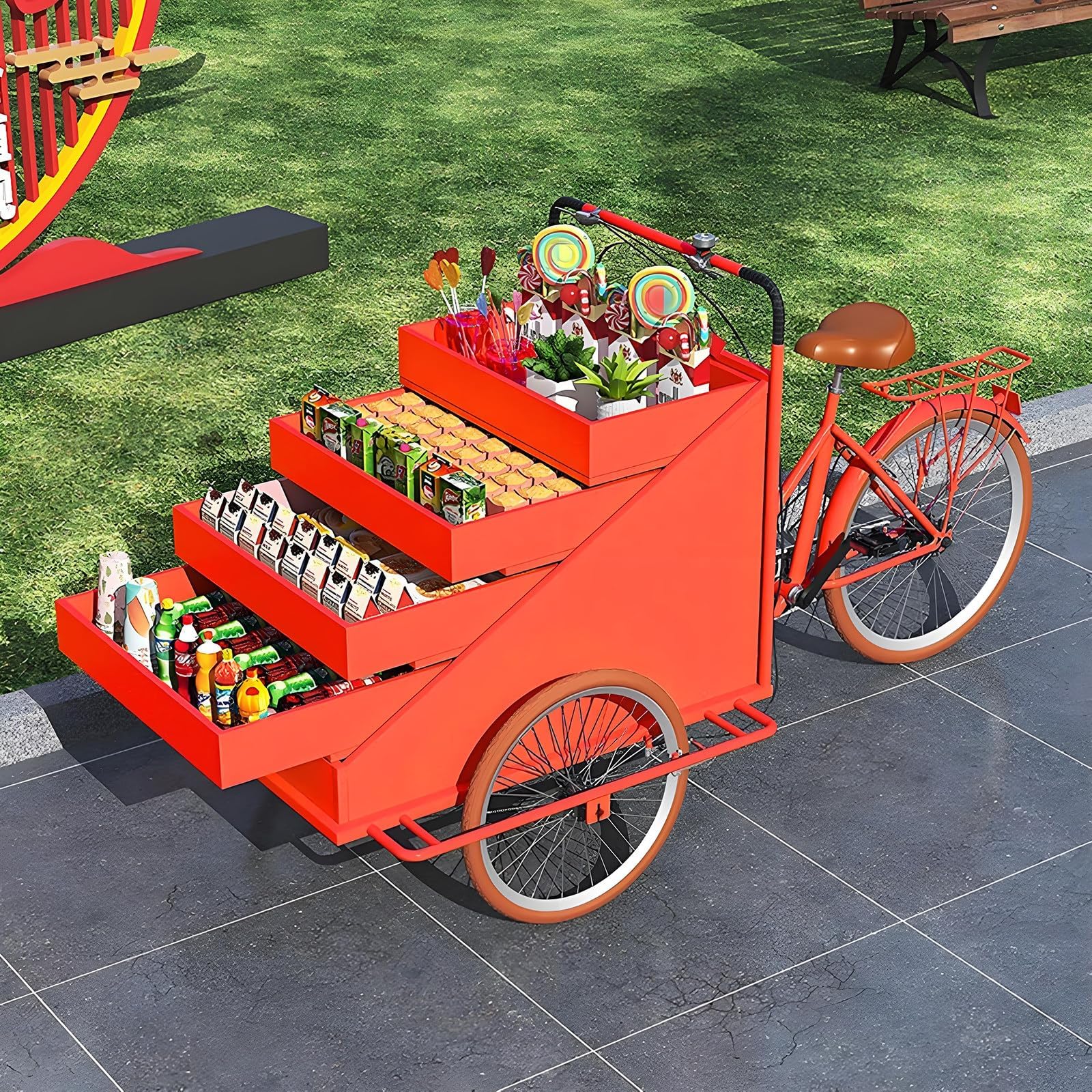 Tricycle Vending Cart, Mobile Food Bike, Front Loading Cargo Tricycle for Events and Weddings, Pedal Assist 3-Wheel Design