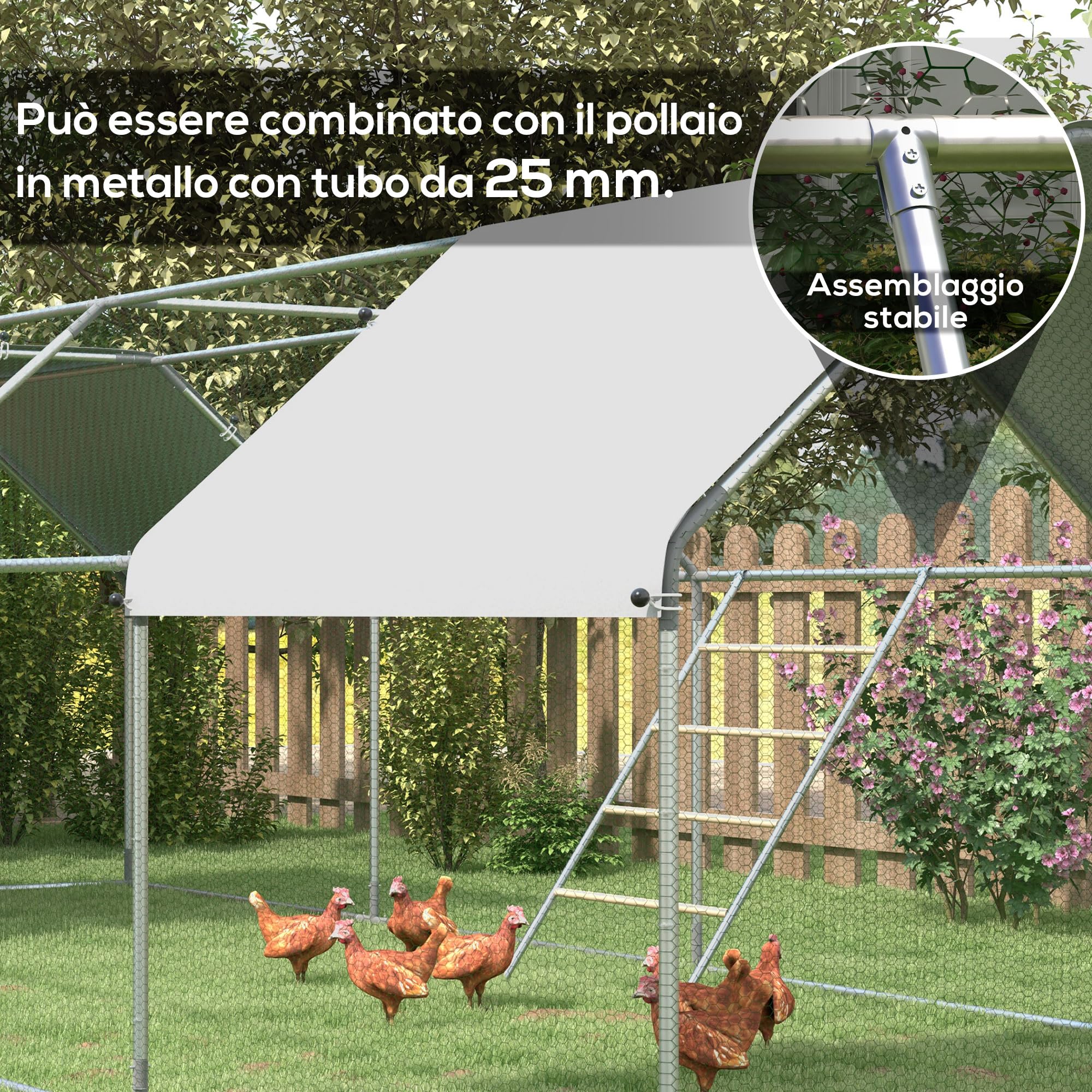 PawHut Trespolo per Galline a 4 Livelli, Posatoio per Galline in Legno e Acciaio Zincato, Scaletta per Pollaio per 4-6 Polli, 140x86x2.5 cm, Colore Legno
