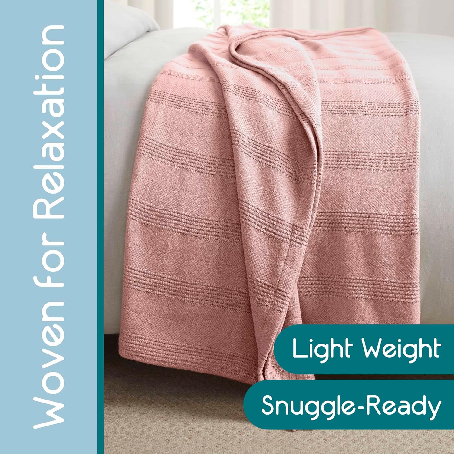 Full/Queen Size 100% Cotton Blanket | Super Soft Breathable Lightweight Throw Blanket | All-Season Knit Blanket | Versatile Hotel Luxury | Easy Care Full Size Cotton Blanket | Oeko-Tex Blanket | Pink - Image 6