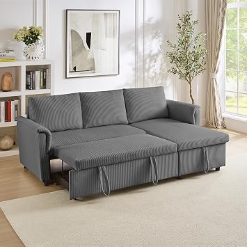 77" Corduroy Tufted Deep Seat Single Sofa Bed, Foldable Sofa Bed with Storage, Comfy Fabric Sleeper Couch for Living Rooms, Gray