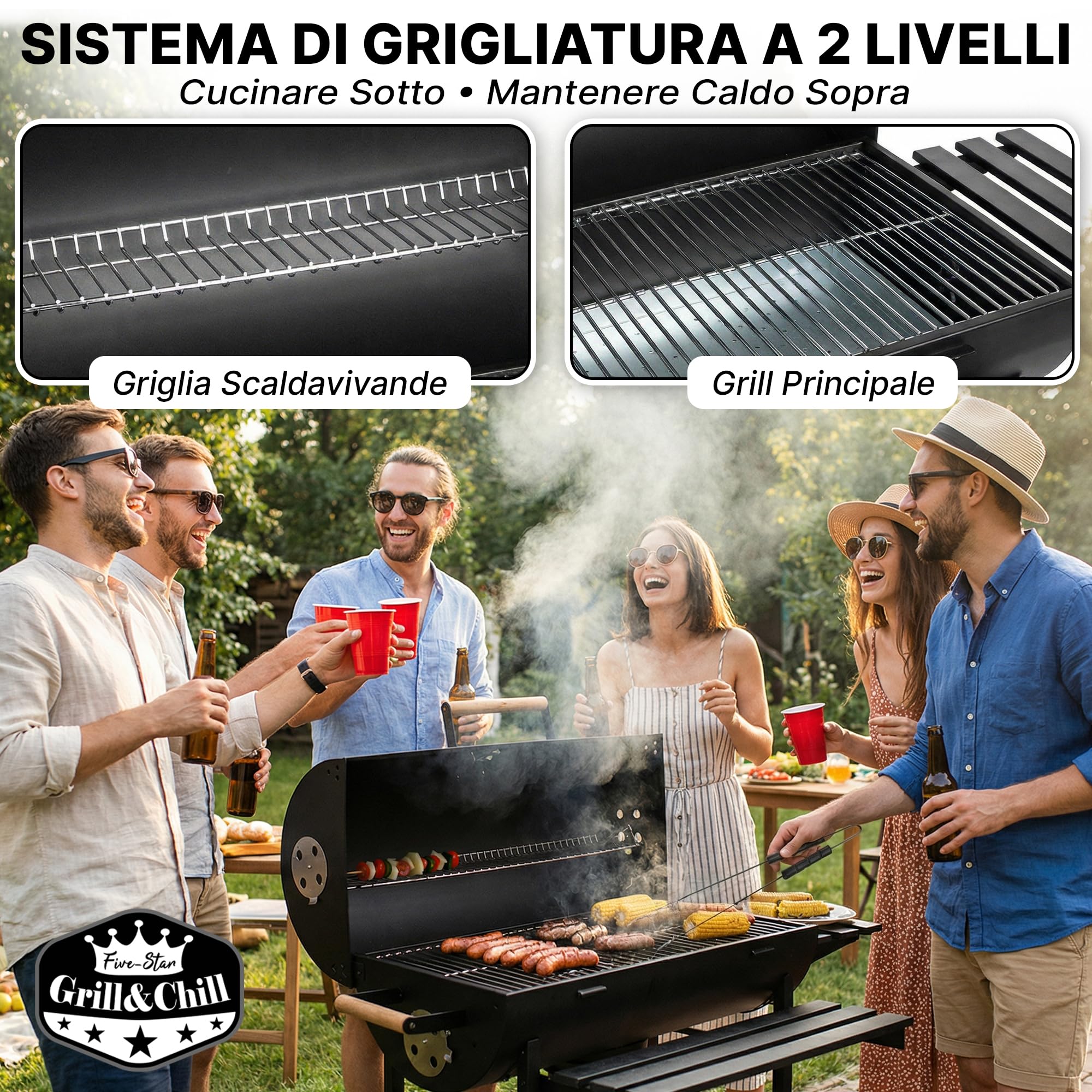 Grill & Chill Barbecue a Carbone 71×35 cm Coperchio con Termometro Acciaio Nero