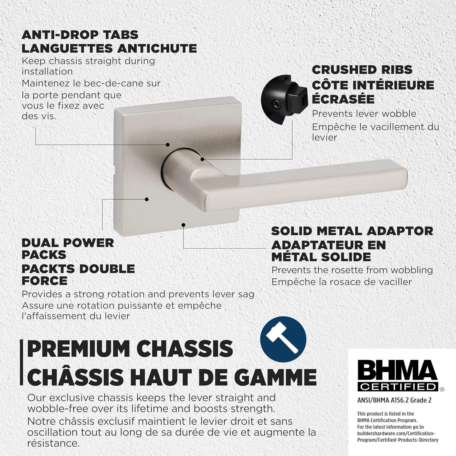 Diagram of internal components of Weiser handleset with features like anti-drop tabs and solid metal adaptor