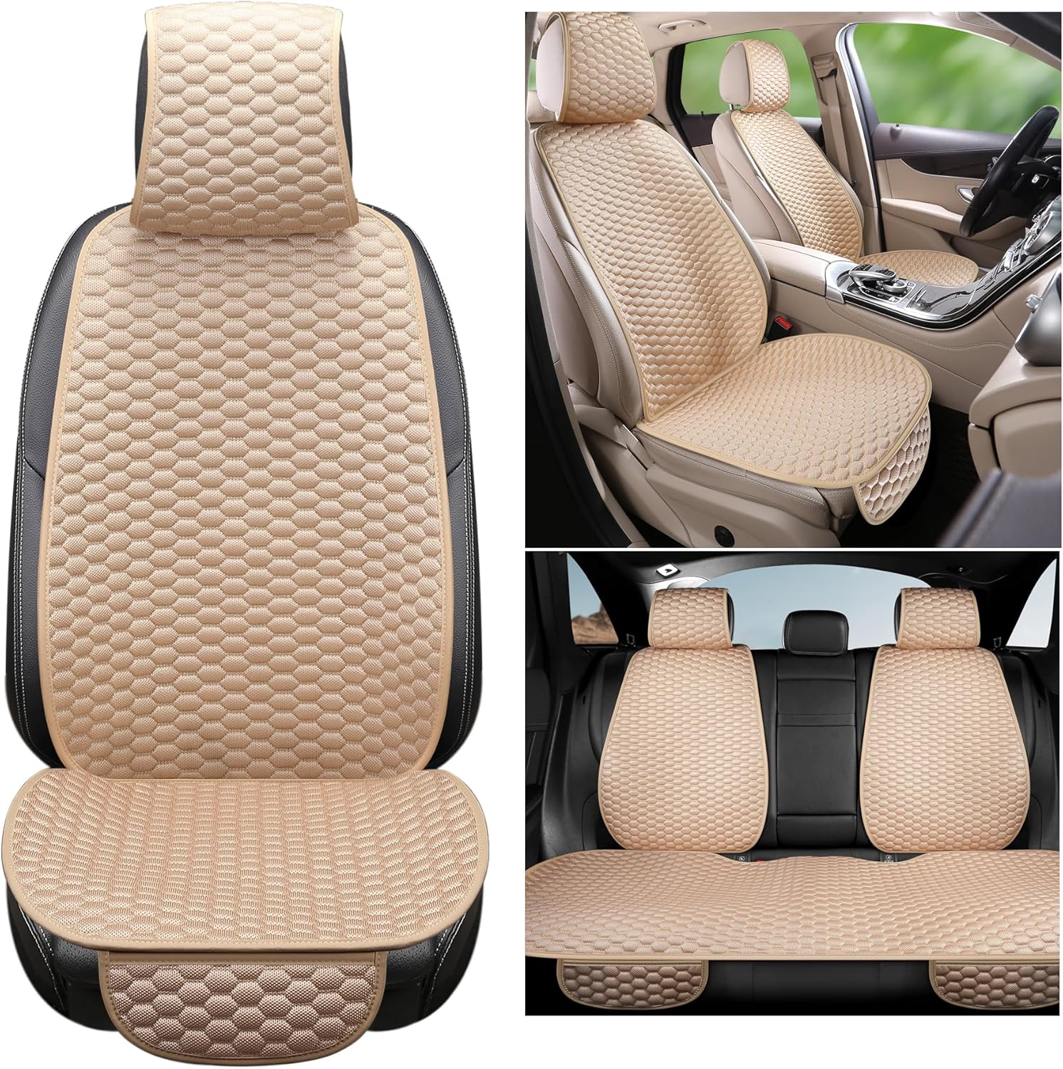 CAPITAUTO Car Seat Covers Cushion Pad,Seat Covers for Cars,Super Breathable,Storage Bags,Anti-Slip,Universal Automotive Seat Covers Fit for Most Sedans SUV Pick-up(Lantern Beige Full Set) Lantern Full Set Beige