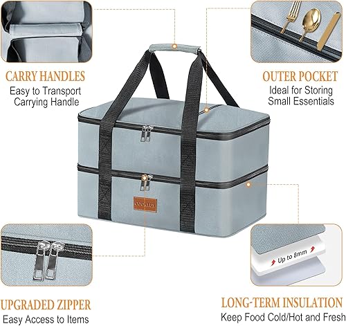 Miniatura 3 de Cazuela aislada  Diseño de dos pisos, bolsa calentadora de alimentos para viajes de alimentos calientes y fríos, se adapta a cazuela de 9 x 13